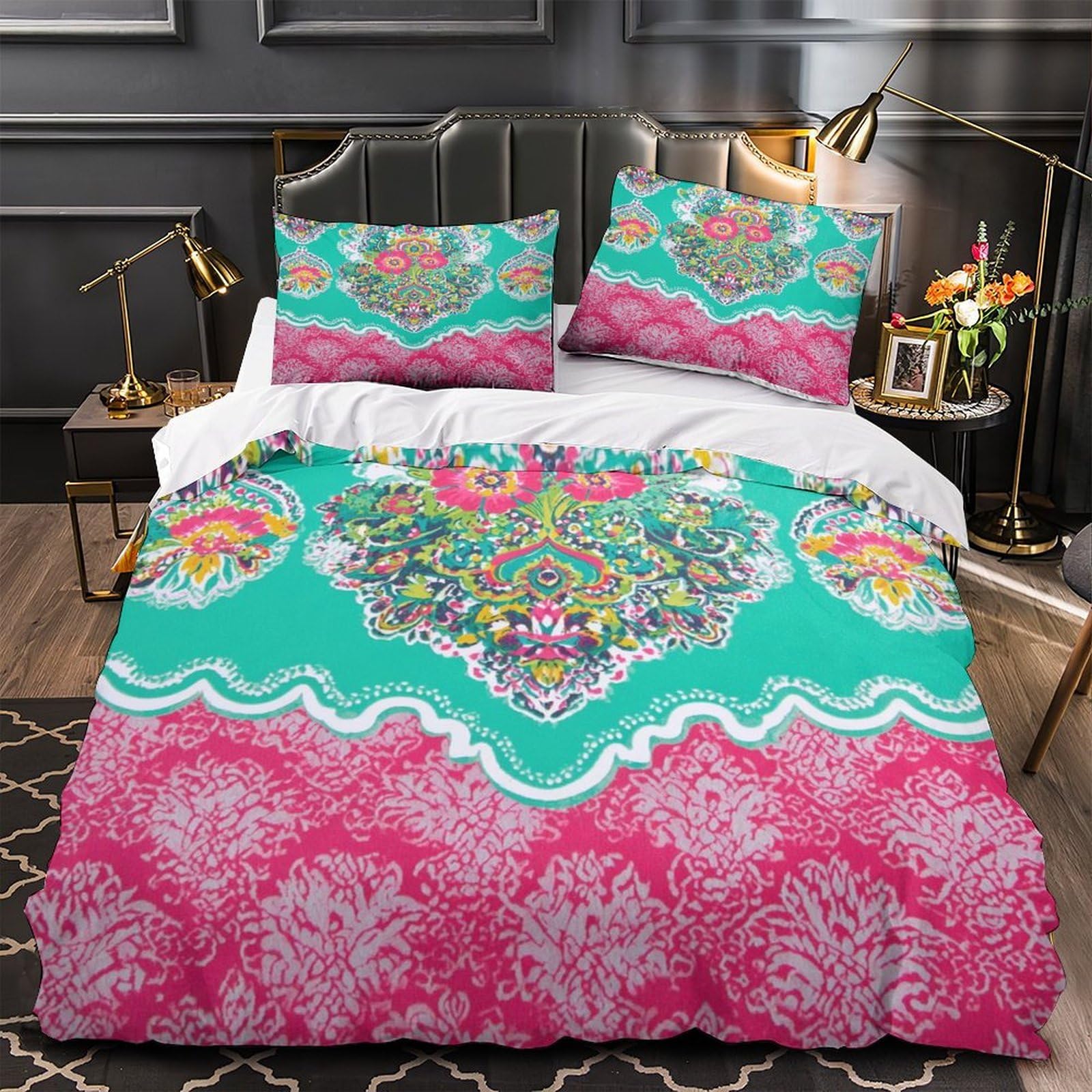 FloralPattern Comforter Cover 3D Print Hotel Quality 3-Piece Bed Set Hidden Zipper VibrantBohemianStyle Duvet Cover Extra Soft Anti-allergic for Adults Women Kids Girls Boys Teens Double（200x200cm）