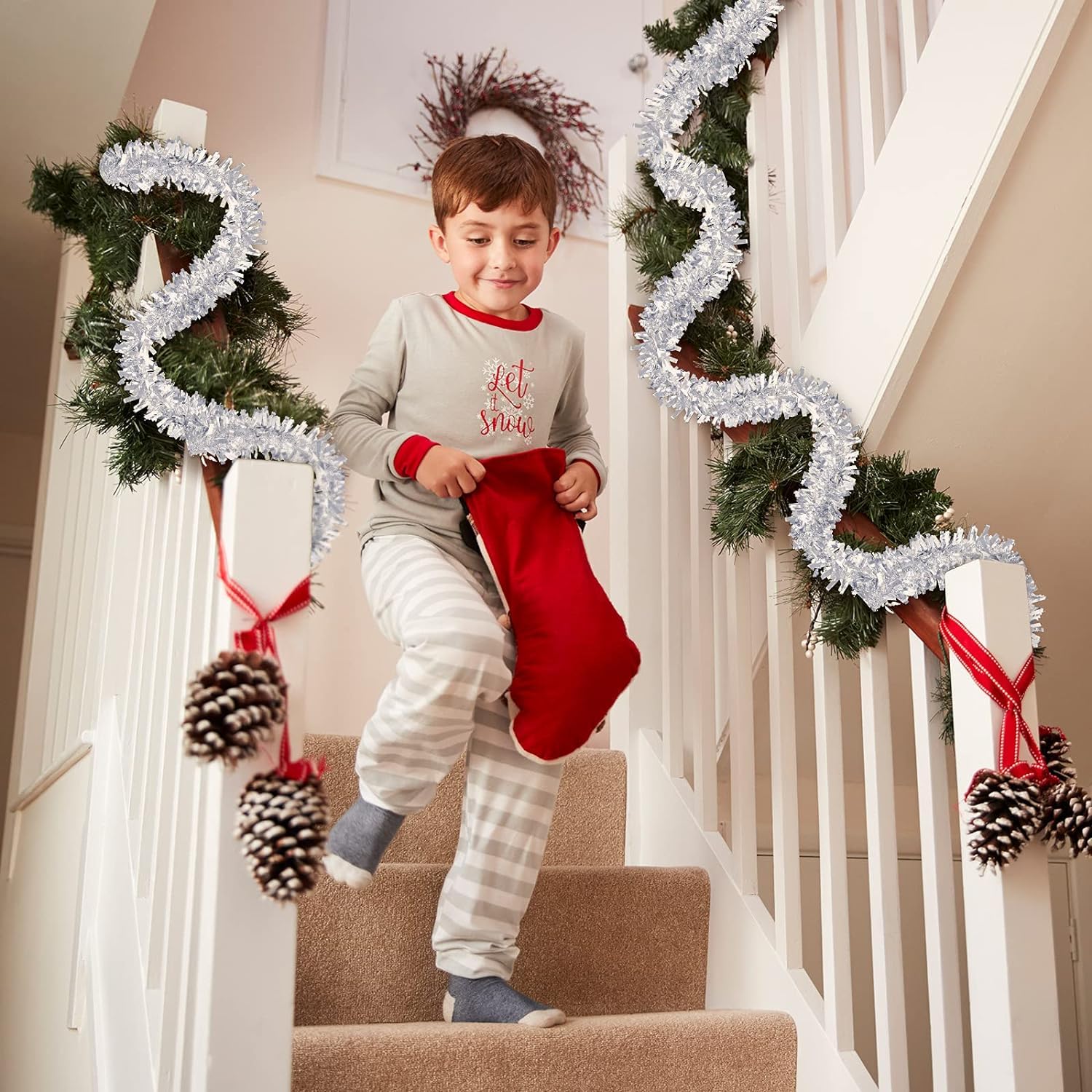 KRIWIN 6 pcs Artificial Tinsel Garlands Length-5.5 ft for Christmas Decor, Home Office Party Decoration (Silver) 3