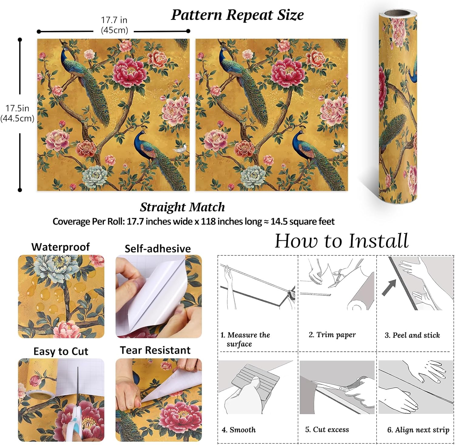 VEELIKE Vintage Mustard Peacock Chinoiserie Wallpaper Peel and Stick Peonies Floral Wallpaper for Bedroom 17.7''x118'' Removable Bird Wall Paper Self Adhesive Contact Paper for Cabinets Accent Walls
