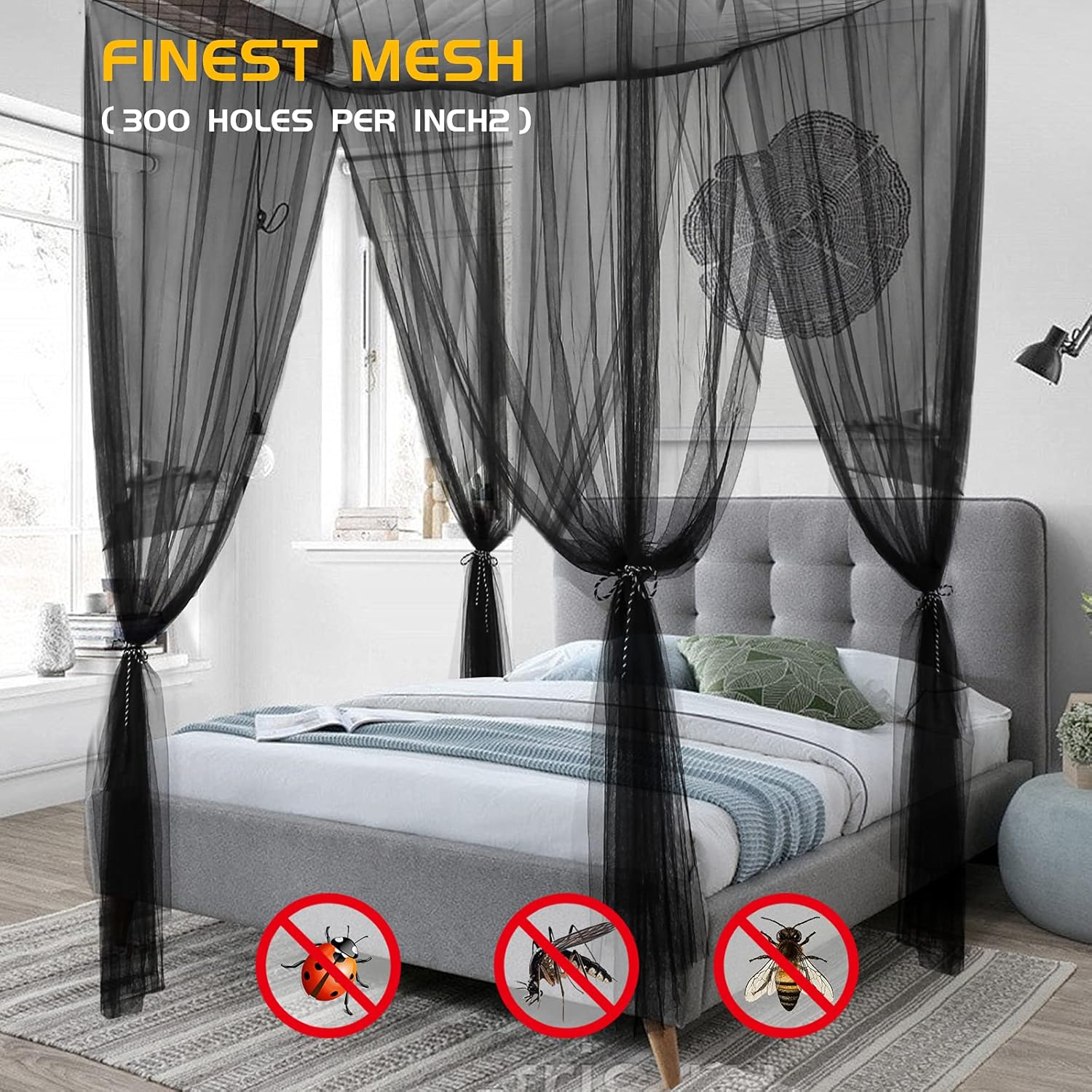 Mosquito Net Bed Canopy for Girls,King Canopy Bed Curtains Queen Size from Ceiling,Dome Mosquito Netting Bed Tent Twin Girls Canopy Bed Decor for Baby Crib,Kid Bed and Adult Beds (Black Square)