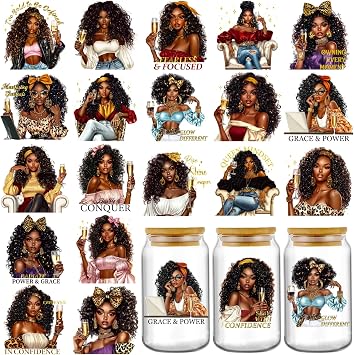 Black Girl UV DTF Stickers - 20 Sheets African American Women UV DTF Cup Wraps for 16 20 oz Glass Coffee Mug, Personalization Transfer Sticker Decals DIY Water Bottle Decoration Gift for Women