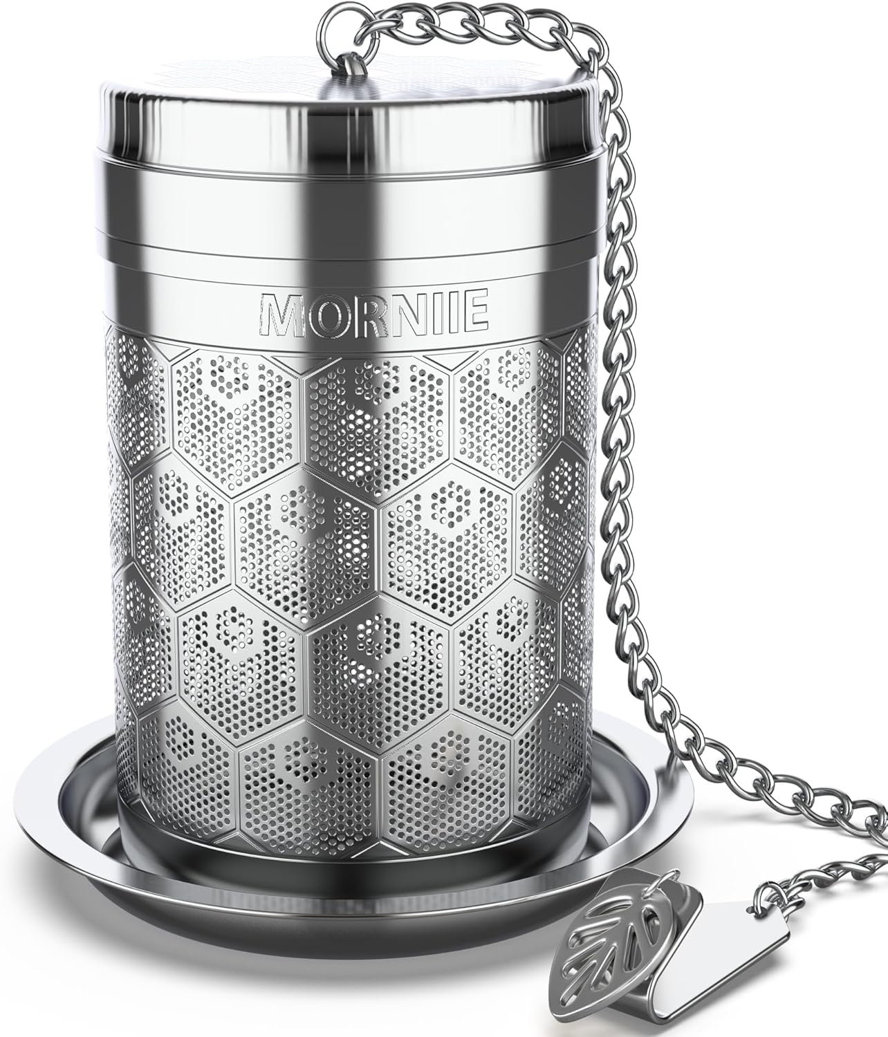 Tea Infuser for Loose Tea, Extra Fine Mesh Tea Strainer, 304 Stainless Steel & Threaded Lid Tea Filter, Loose Leaf Tea Steeper with Wide Hook and Leaf Charm Pendant, Silver
