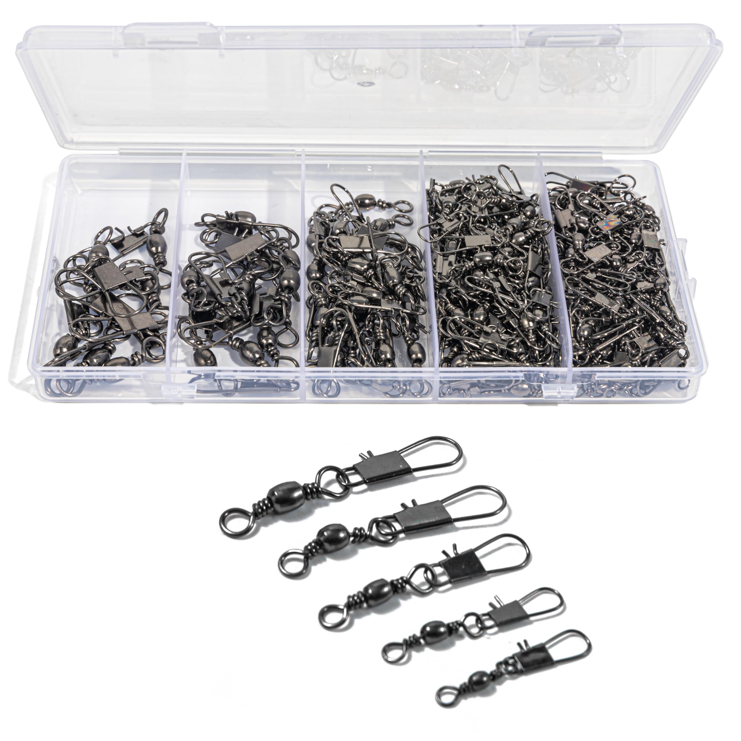 100Pcs Fishing Swivels, 5 Sizes Barrel Snap Swivel Fishing Tackle for Quick Linking of Lures and Lines