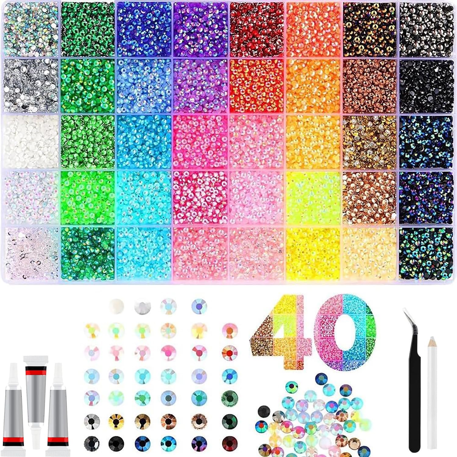 Kit Strass 32000 Pezzi 40 Colori, Strass in Resina 3 mm Kit Fai da Te per Nail Art, Vestiti, Scarpe, Telefono e Decorazioni con Adesivo Incluso per Applicazioni Creative