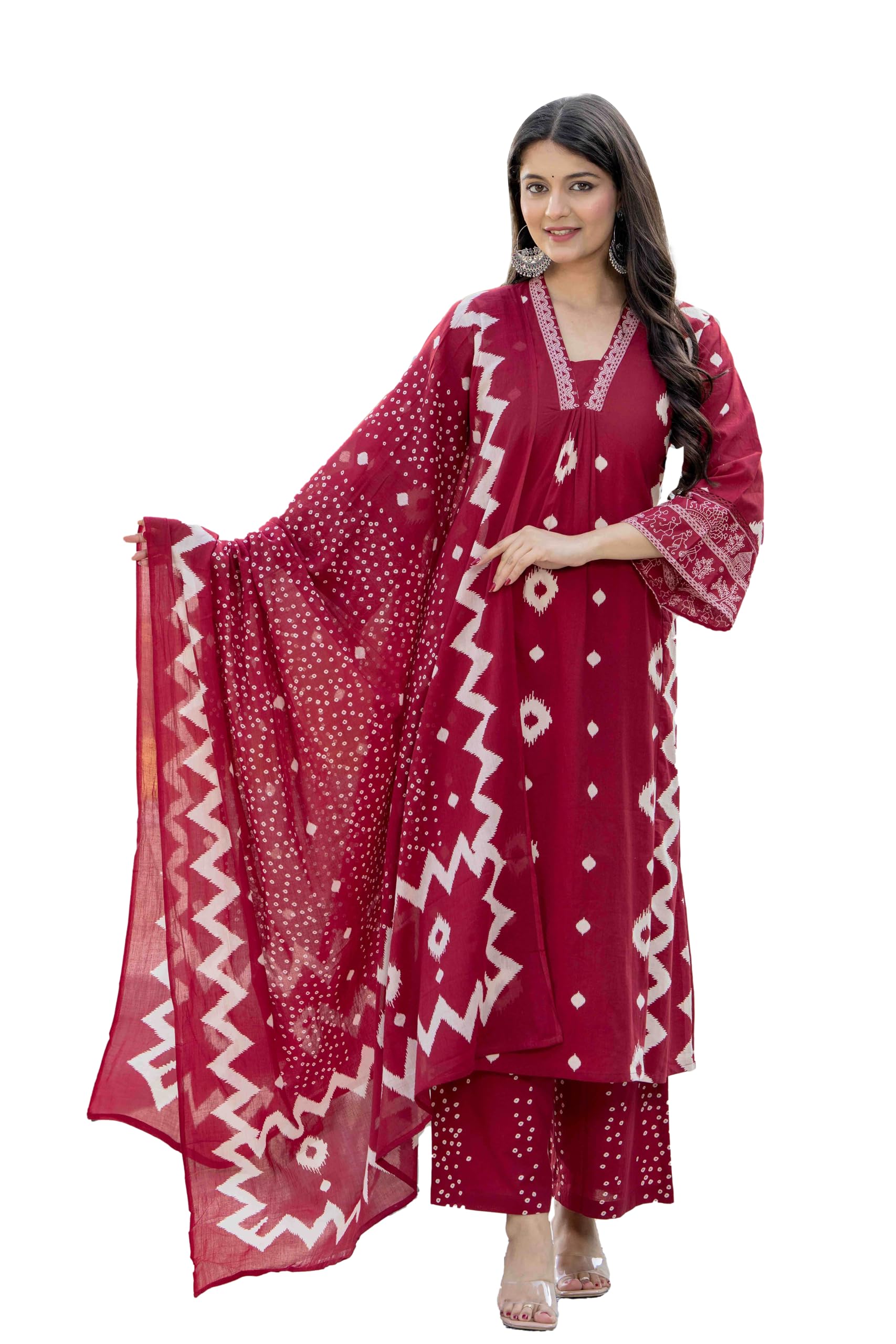 pistaa's Women's Pure Cotton Printed Flair Kurta with Palazzo & Dupatta Set-picture-27