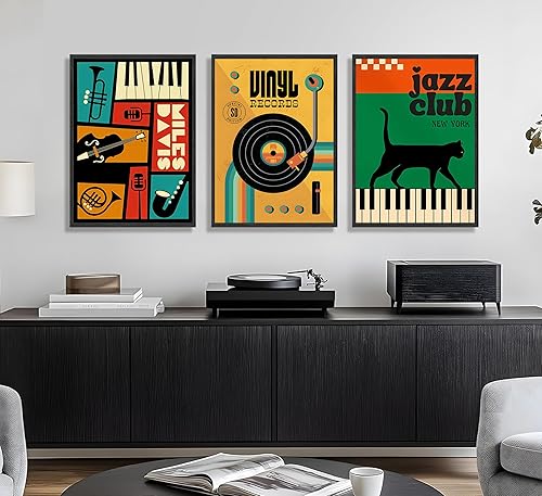 Miniatura 7 de JWDXNOOK 3 piezas de arte de pared retro de música de jazz, discos de vinilo vintage, pinturas de instrumentos musicales, gato negro sobre piano,
