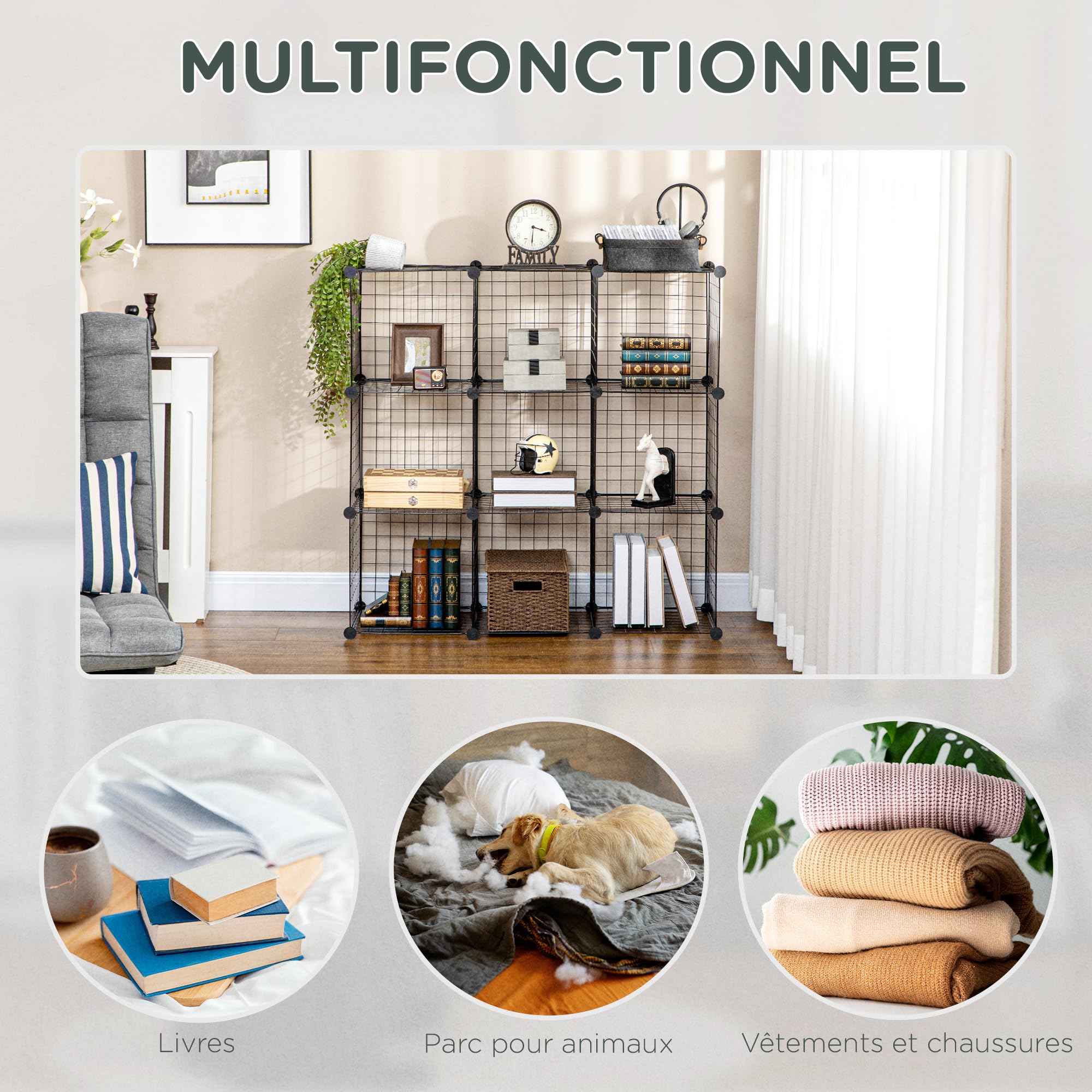 HOMCOM Étagère Modulable Meuble de Rangement Cube 9 Compartiments Noir | Étagère Cube DIY en Treillis Métallique, pour Salon, Chambre à Coucher