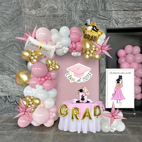 Kit de guirnalda de arco de globos rosa y dorado para graduación 145 piezas con gran estrella dorada Globos con letras GRAD para decoraciones de