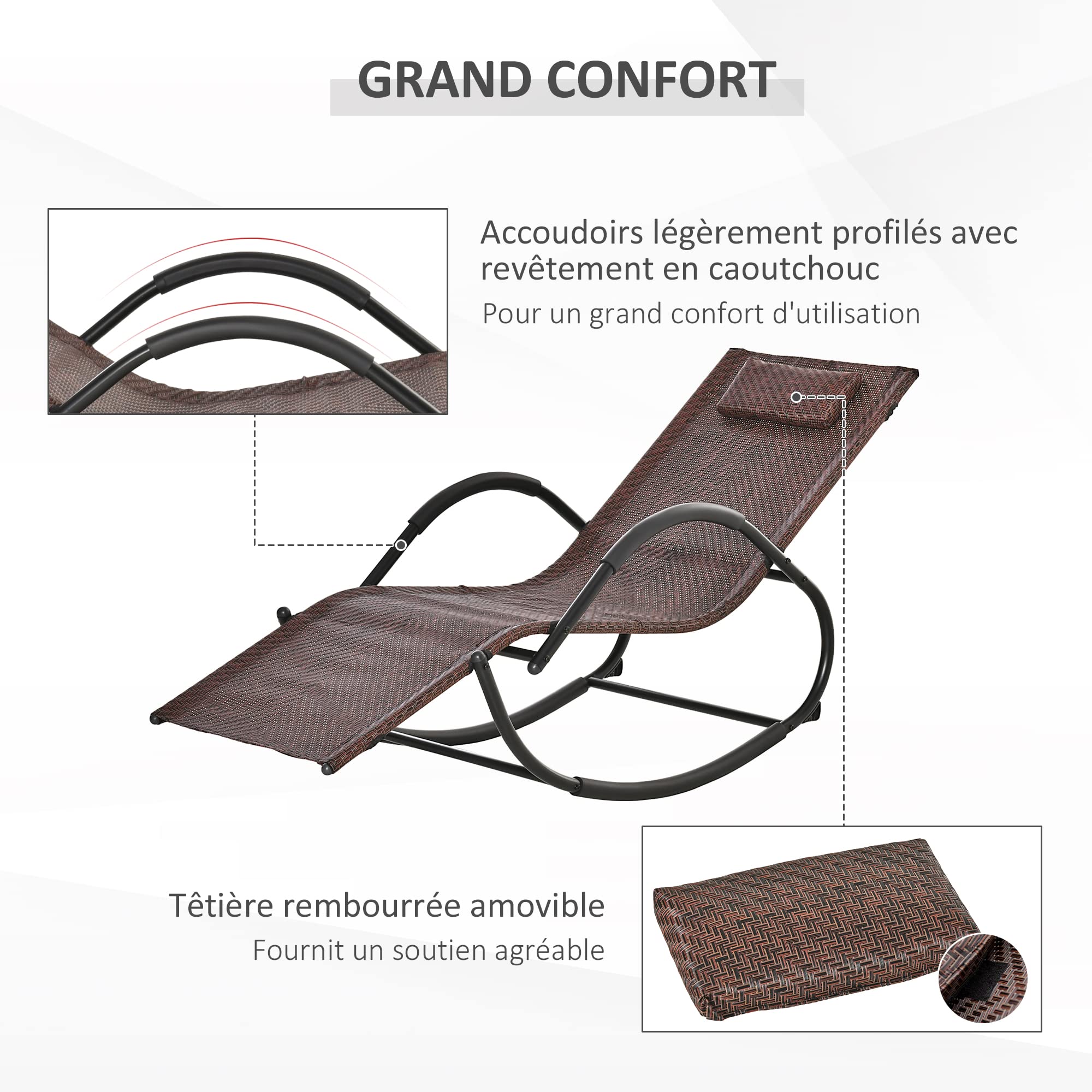 Outsunny Chaise Longue à Bascule Rocking Chair Ergonomique avec tétière Amovible accoudoirs et Repose-Pieds revêtement texitlène Imitation rotin métal 60 x 157 x 84 cm Brun