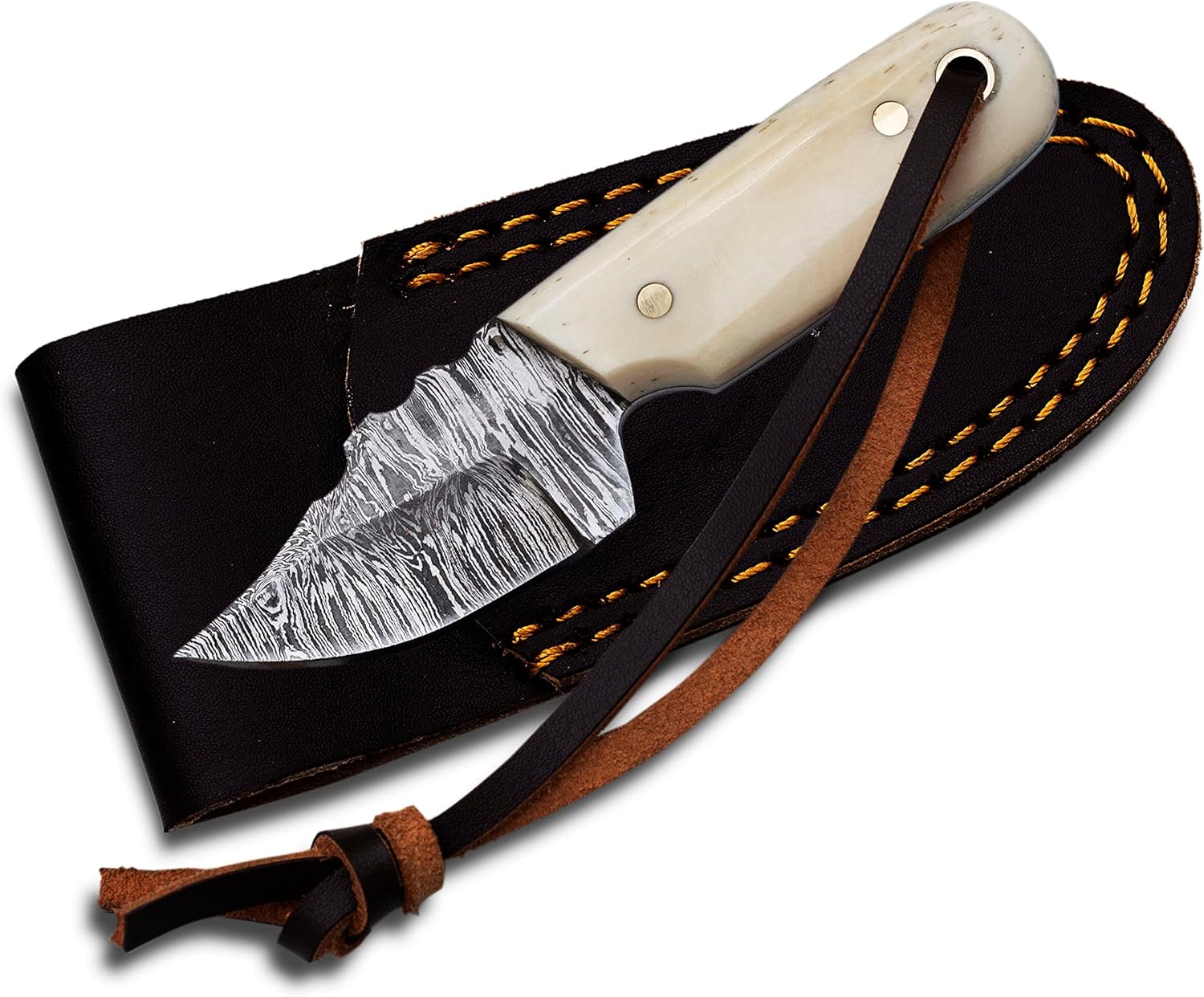 Damascus Steel EDC Knife 4.5" Fixed Blade Mini Knife for Skinning,Survival,Camping and Outdoor Enthusiasts with Natural Handle and Leather Sheath Brand (BONE HANDLE)