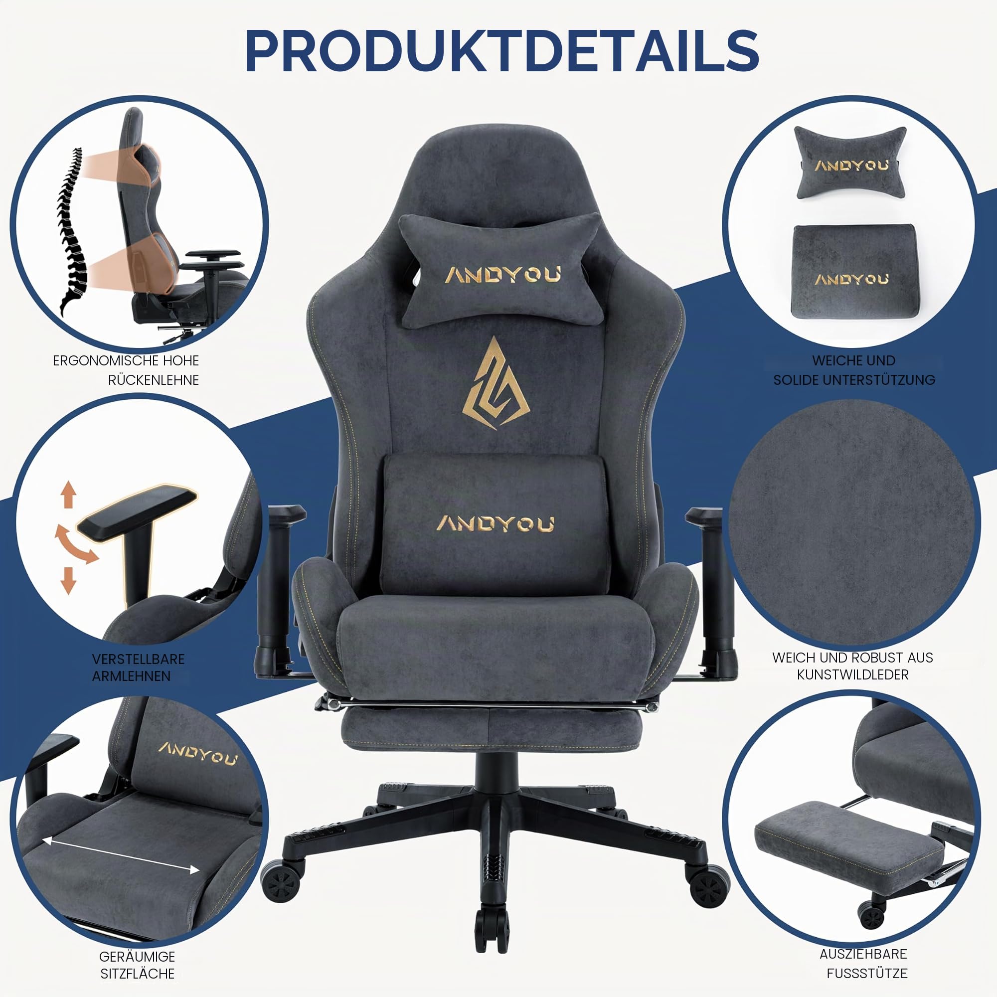 Andyou Gaming Stuhl – Ergonomischer Gaming Sessel Erwachsene, Gamingstuhl mit Fußstütze, Atmungsaktiver Stoff Bürostuhl, Höhenverstellbarer Gaming Chair