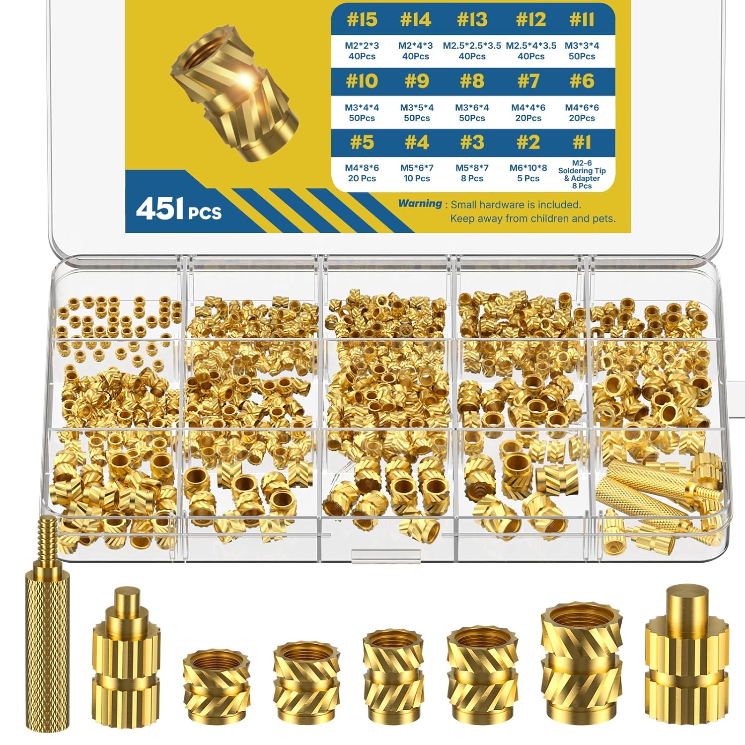 Vibit 451 Pcs Threaded Inserts for Plastic, M2 M2.5 M3 M4 M5 M6 Heat Set Inserts with Soldering Tip & Adapter, Brass Heat Inserts, Metric Knurled Nut Inserts Kit for 3D Printing Components