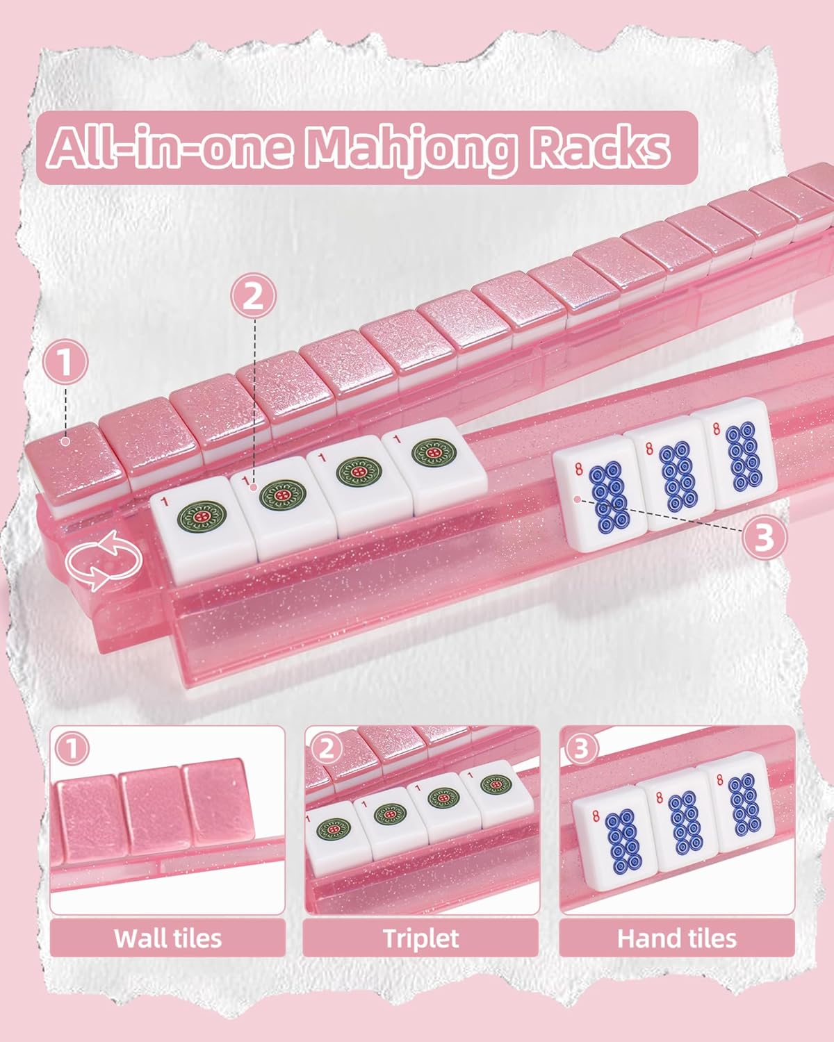 LUCKFOX Mahjong Racks with Pushers Set of 4 Pink Glitter Acrylic Mahjong All-in-One Tile Rack & Pusher with Carrying Bag, Accessories for American Mahjong Game Night, Parties and Travel