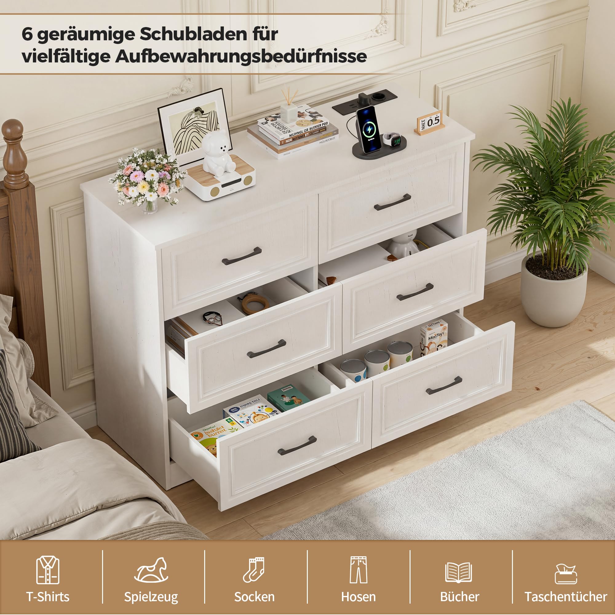 BonVache Kommode mit Steckdosen, Komode mit 6 schubladen, 2 USB & 2 AC-Anschlüssen, Komodenschrank Holz, für Schlafzimmer, Wohnzimmer, Flur, 106 x 81.5 x 39 cm, Weiß