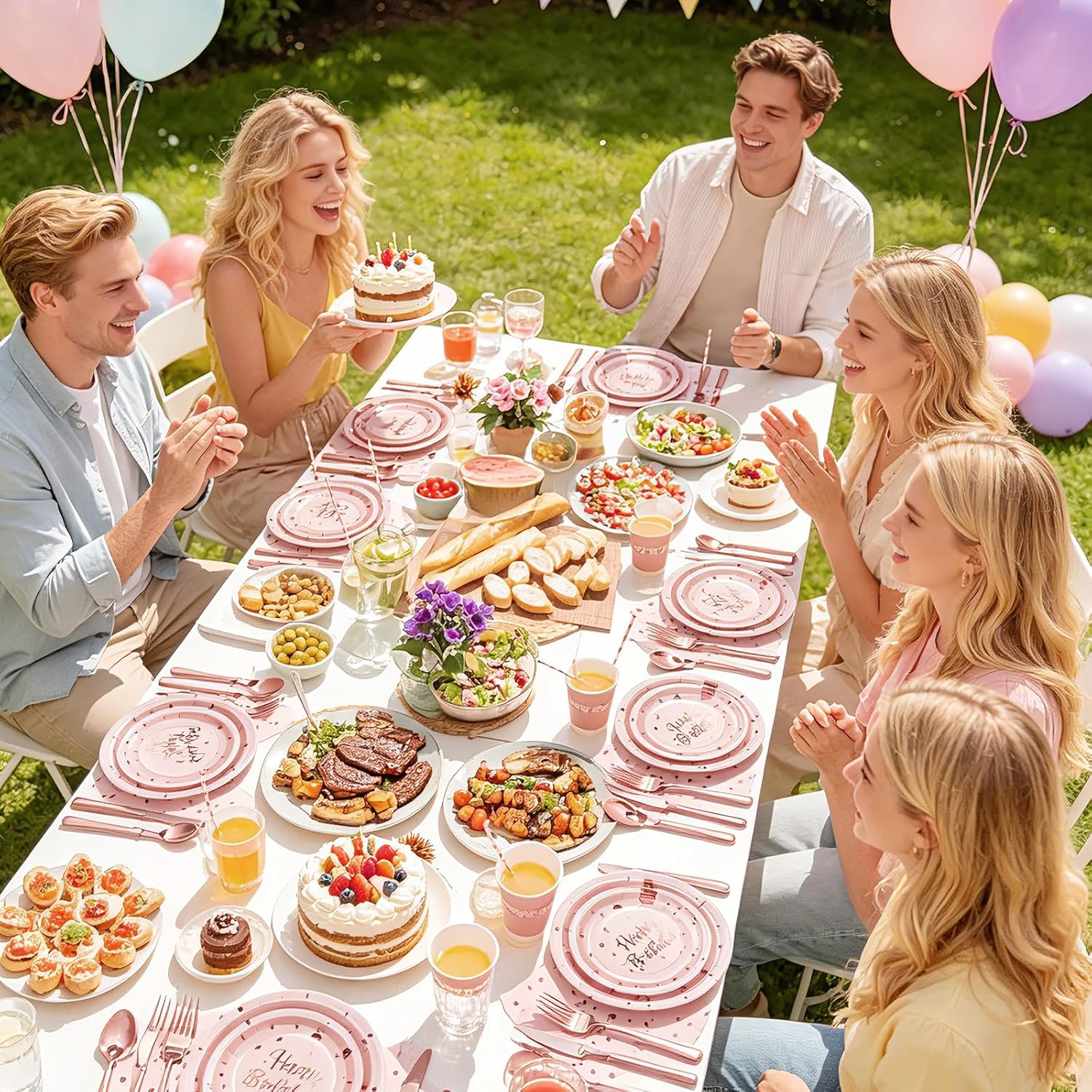 Birthday Decorations Supplies 194 Pcs Pink & Rose Gold Birthday Party Tableware, Includes Paper Dessert Plates and Napkins, Serves 24 for Girls' Sweet 16 Party, Baby Shower, Women's Birthday