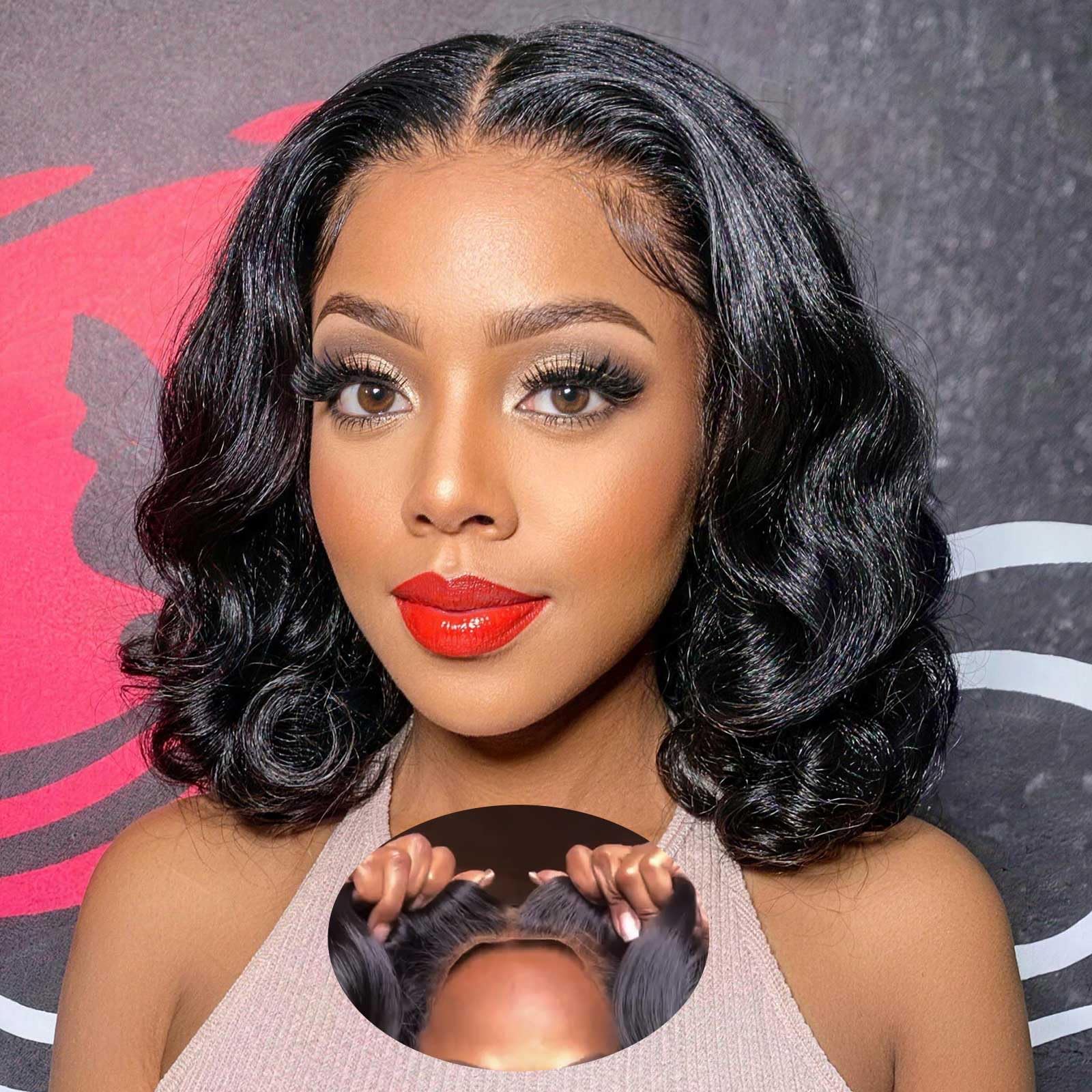 Drawstring 5x5 HD Lace Front Closure Body Wave Bob Wig Human Hair 14 Inch 1B Black
