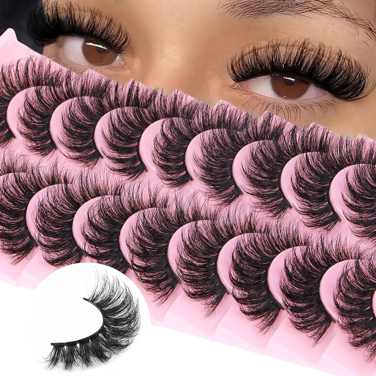 Mink Lashes Fluffy Cat Eye Fake Strip Lashes Wispy 3D Faux Mink Natural Look 16mm 18mm Thick Volume False Eyelashes Pack 10 Pairs YH001