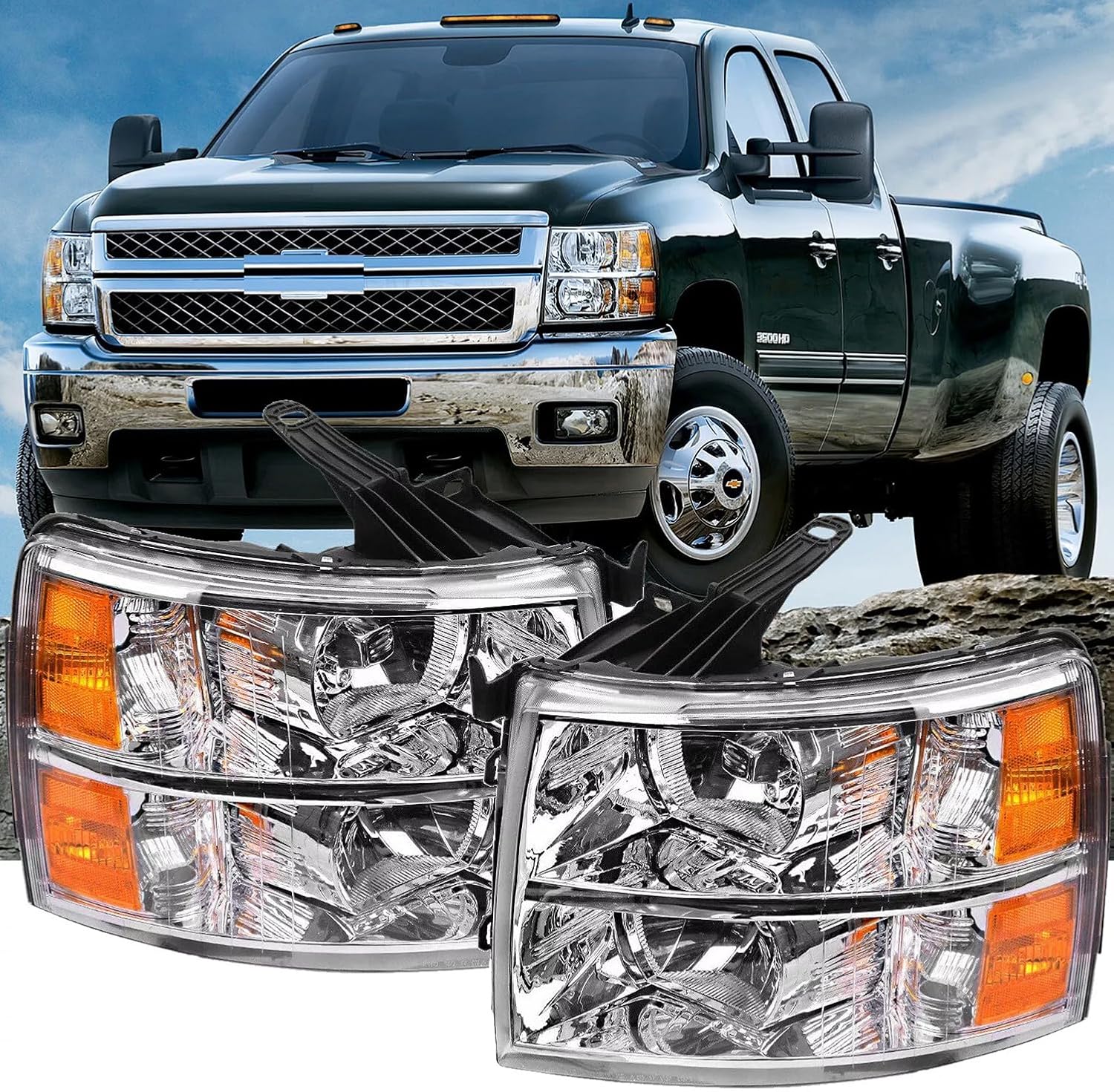 Pair Headlights Assembly W/Bulbs and Harness Set For 2007-2013 Chevy Silverado 1500/2007-2014 Silverado 2500 3500&HD Cab Pickup Chrome Housing Clear lens OE Style Replacment Headlamps LH&RH