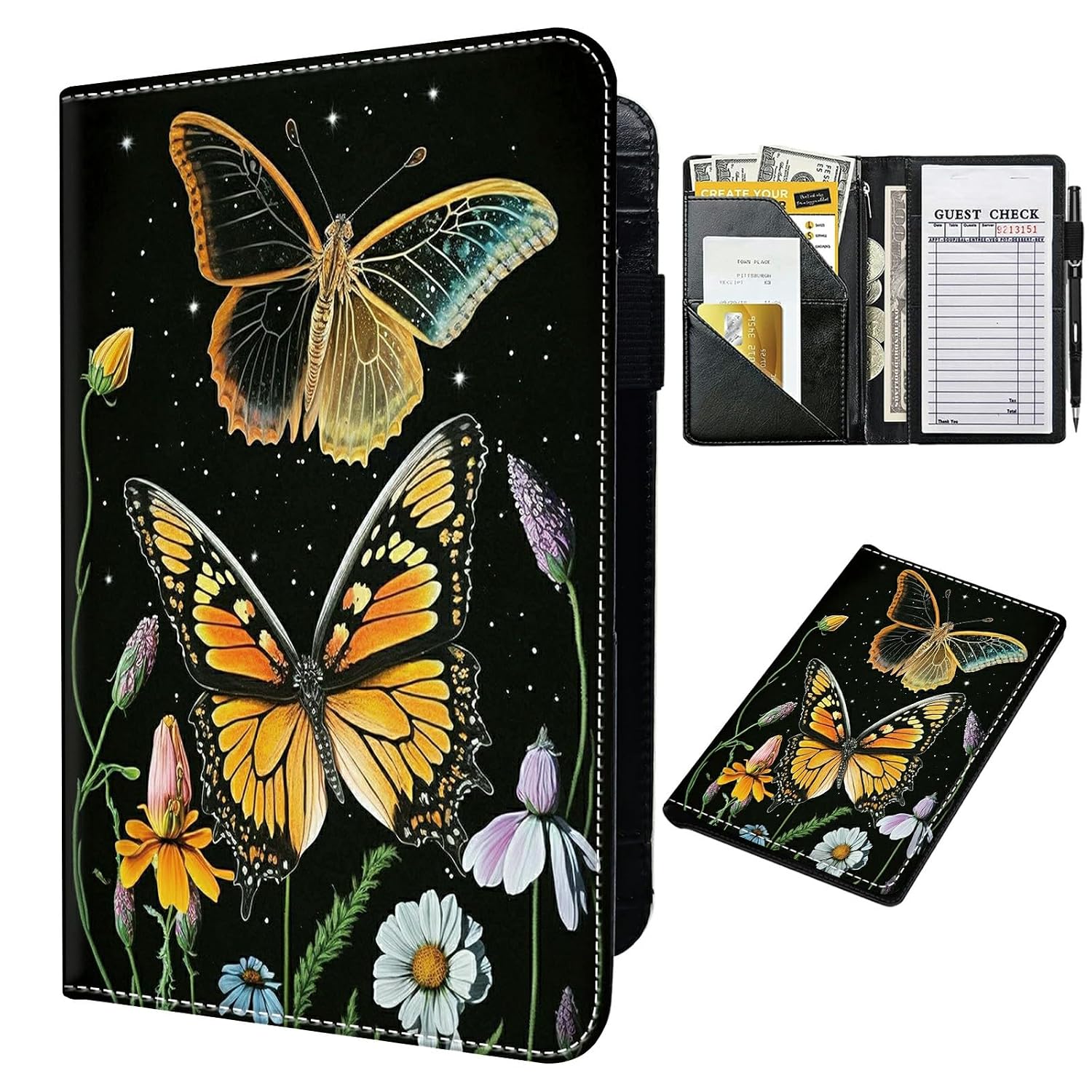 Server Books for Waitress, 9x5.5" PU Leather Cute Waitress Book Waiter Book Serving Books Guest Check Book Holder with Zipper Money Pocket Waiter Wallet Fit Server Apron,Art Lavender