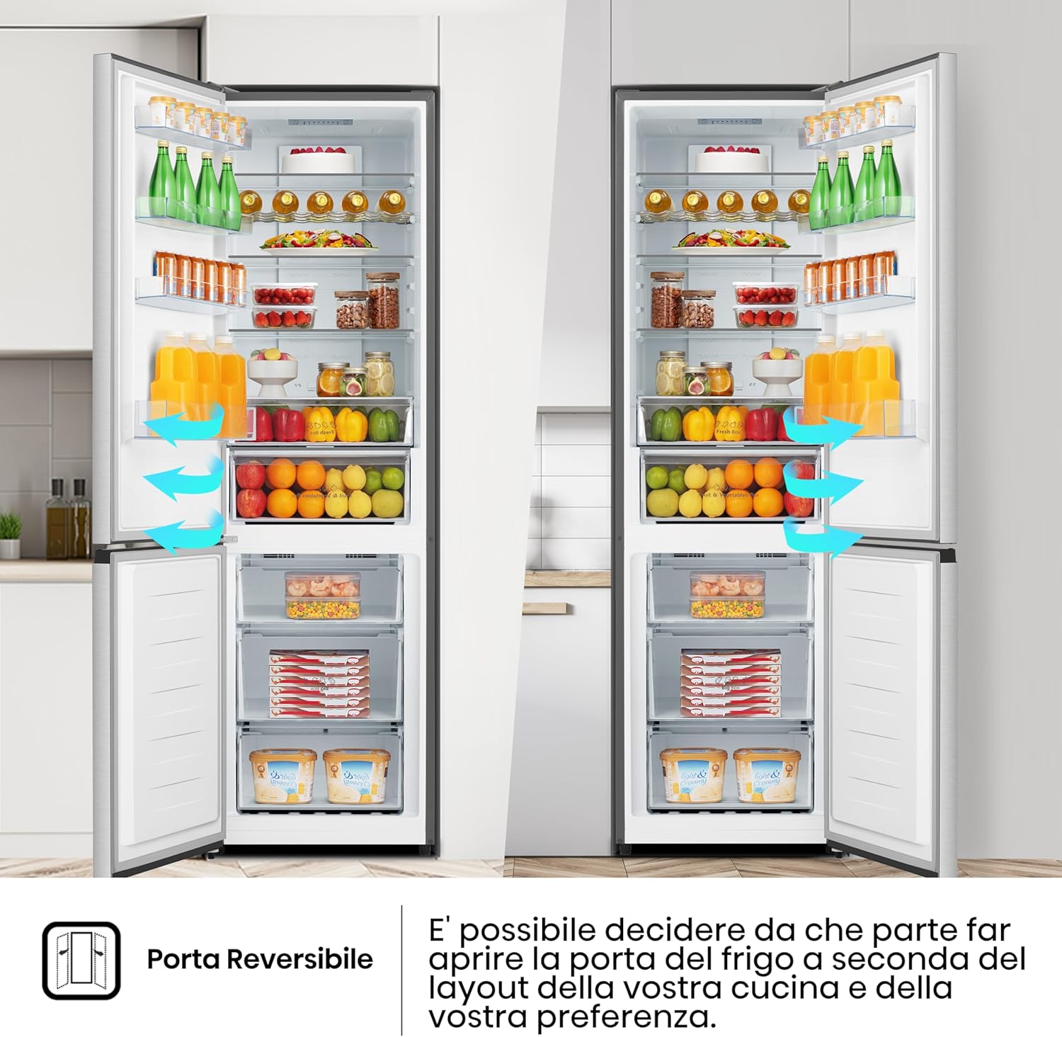 Icons representing key features: Total No Frost, Multi Air Flow, Bottle Rack, Reversible Door, Moisture Fresh Crisper, Electronic Touch Control