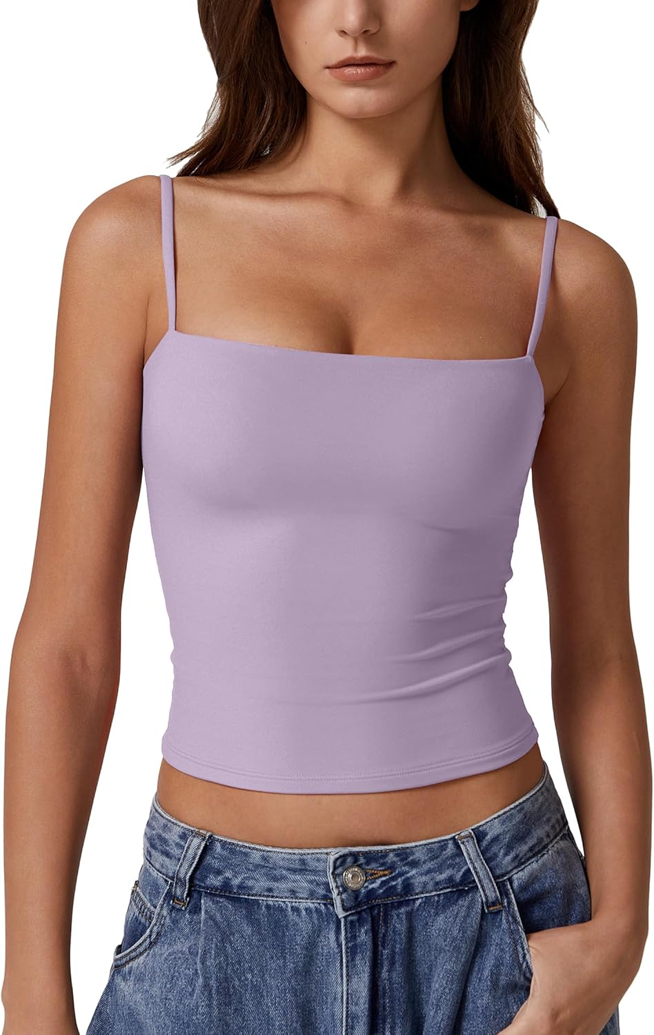 QINSEN Women's Double Lined Basic Tank Top Adjustable Spaghetti Straps Sleeveless Camisole Shirts