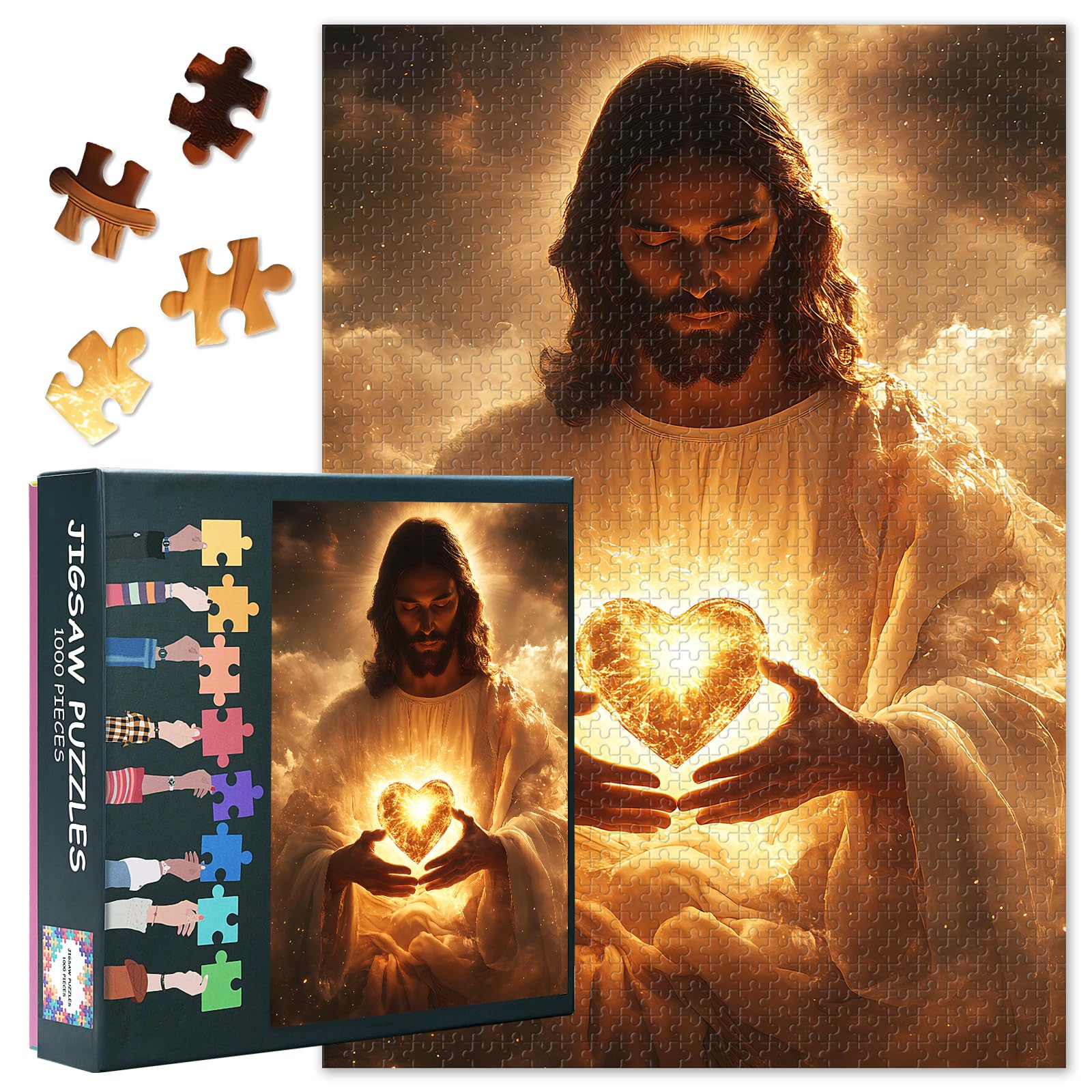 1000 Piece Puzzle for Adults, Jigsaw Puzzles for Adults 1000 Pieces - Jesus Holding Glowing Sacred Heart with Golden Light, Religious Adult Puzzles, Spiritual Jigsaw Puzzle - 27.5x19.7 Inches — image 1
