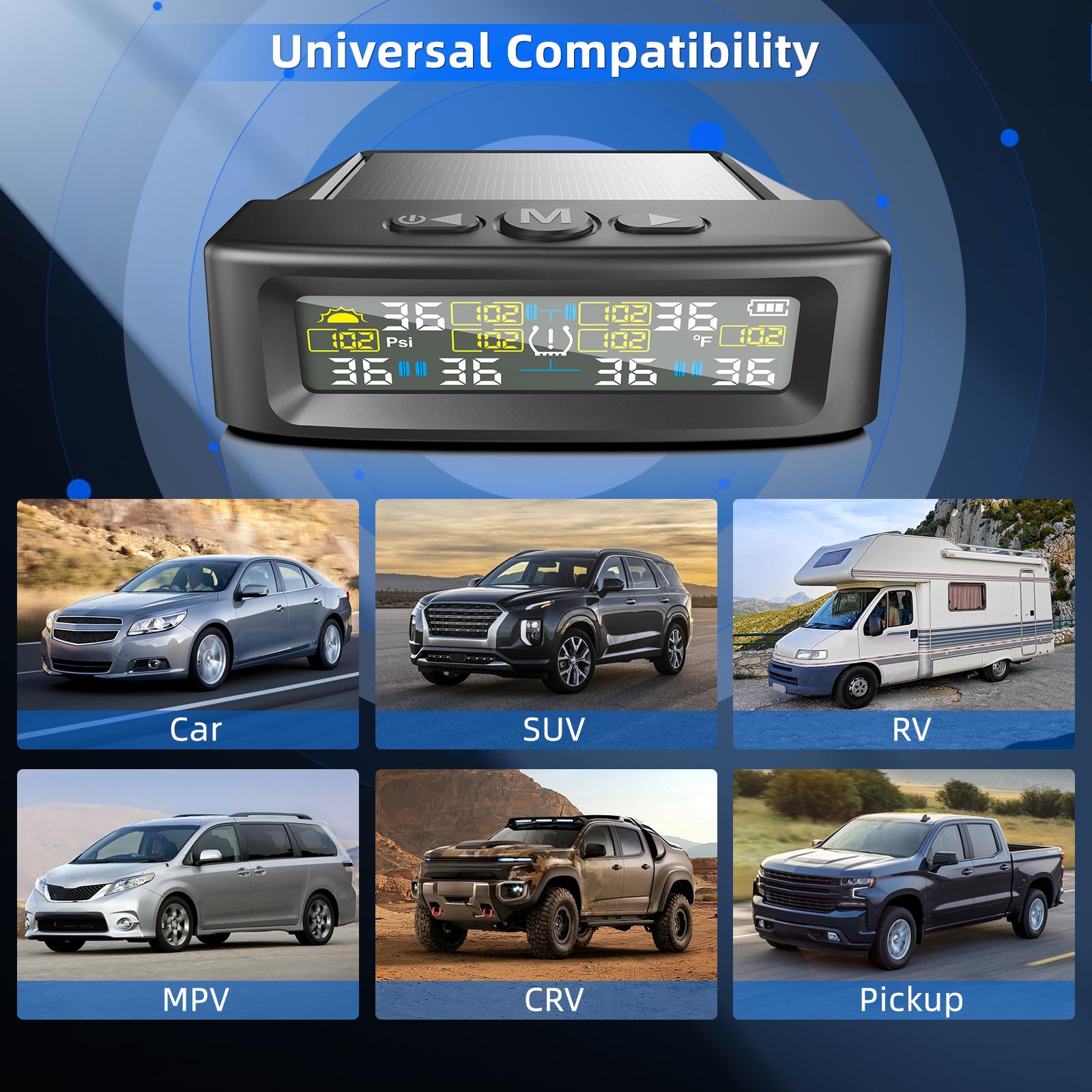 KAOLALI Sistema di monitoraggio della pressione dei pneumatici, supporto 6 ruote, monitor della pressione dei pneumatici con display digitale, 9,9 bar/144 PSI Max, ricarica solare e USB, per camion