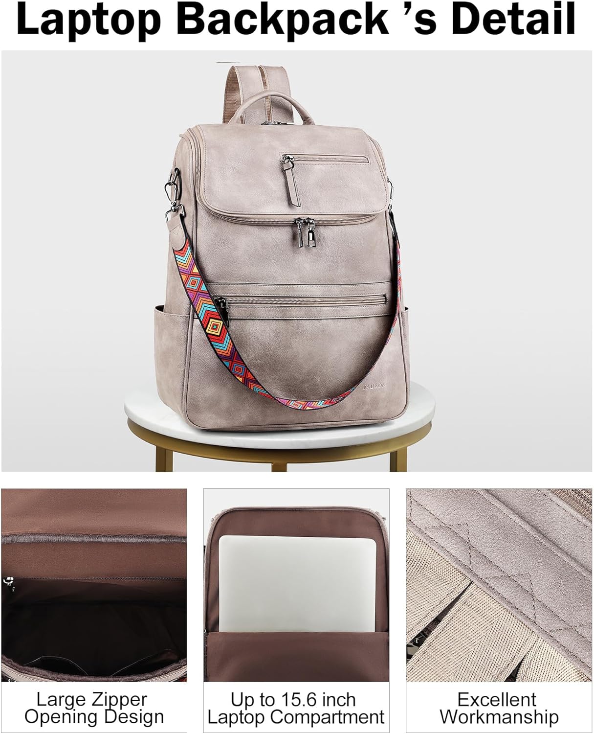 FADEON Laptop Backpack for Women Leather Travel Backpack with Laptop Compartment, Designer PU Shoulder Laptop Bag Grey - Image 5