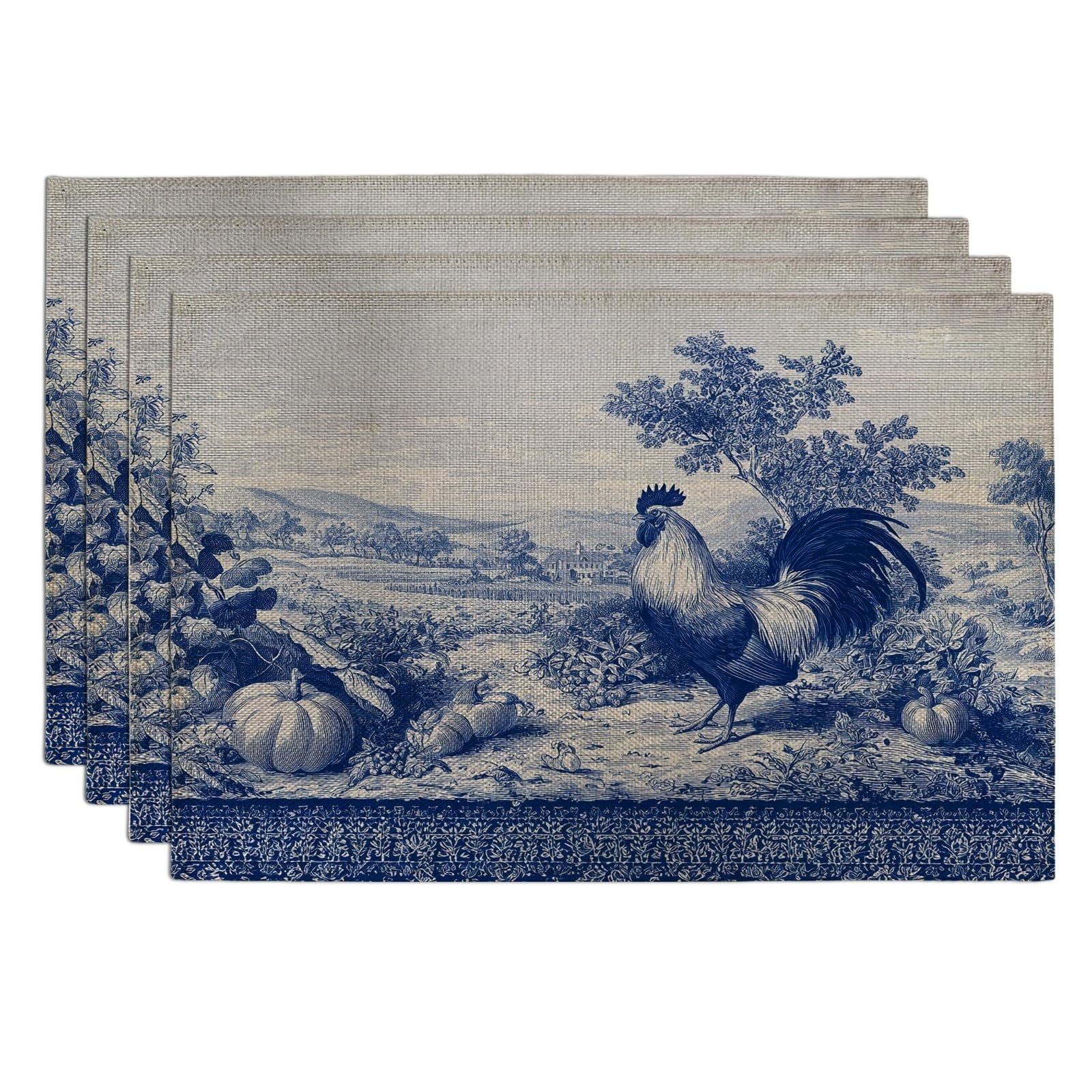 Autumn Blue Rooster Placemats, Navy Farmhouse Decorative Place mats for Dining Table, Non-Slip Washable Indoor Outdoor Party Tableware Set of 4