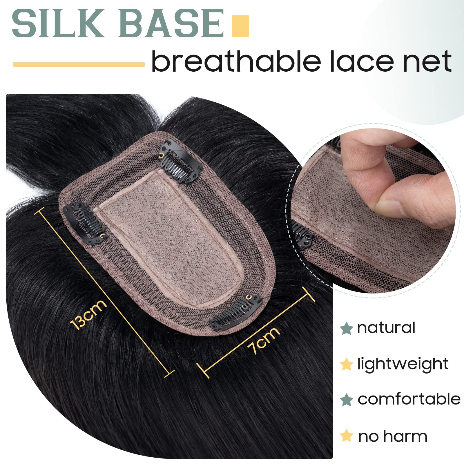 S-noilite Hair Toppers for Thinning Hair Women 130% Density Hair Topper With Bang Real Human Hair Clip In Hair Extensions 30g(#1 Jet Black - Image 3