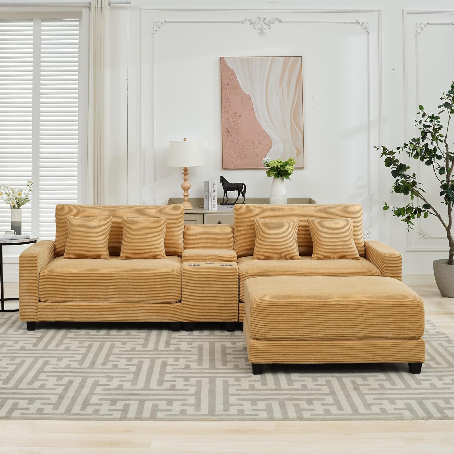 Corduroy Ottoman for Sectional Sofa, Modular Footrest with Wooden Legs, 43.7 x 29.1 x 18.5 Inches, Convertible Furniture for Living Room,Blue