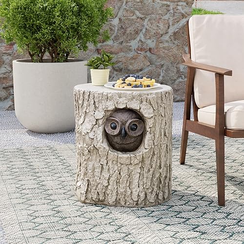 COSIEST Mesa auxiliar para exteriores, madera sintética, taburete de madera pintada a mano con mapache esculpido, mesa decorativa al aire libre,