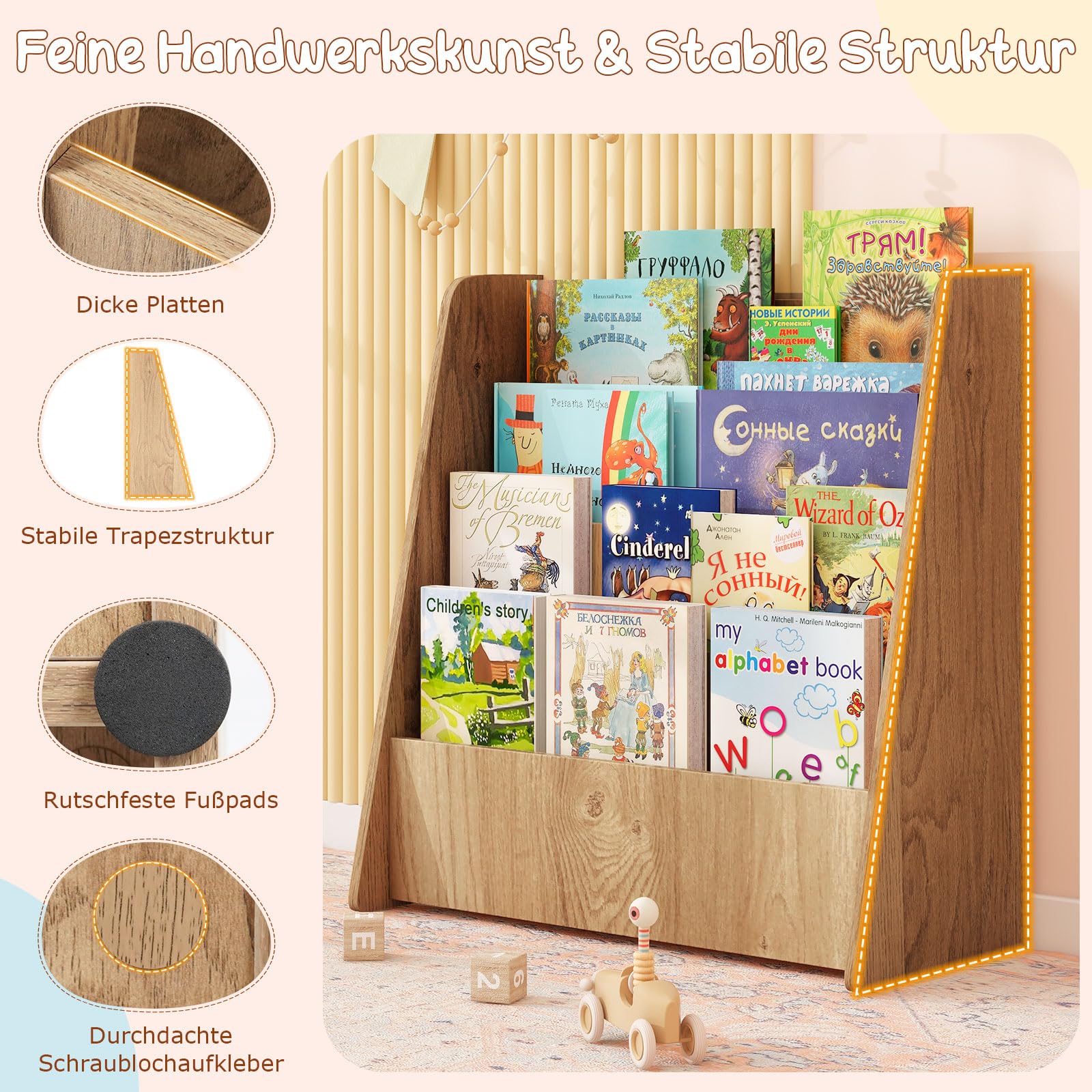 DREAMADE 4-stöckiges Kinderbücherregal aus Holz, Kinderregal mit rutschfesten Füßen & pflegeleichter Oberfläche, Holzregal zur Aufbewahrung, für Kinderzimmer & Spielzimmer (Natur)