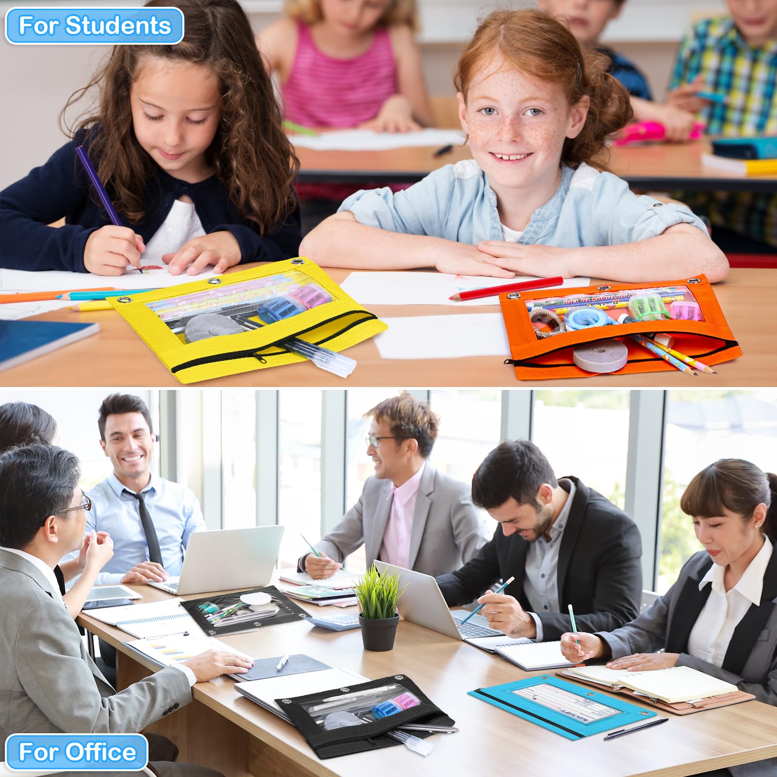 SpringFlower Federmäppchen für 3-Ringbinder, Federmäppchen in 6 verschiedenen Farben, glatter Reißverschluss, für Schule und Büro, mit transparentem Fenster, 72 Stück