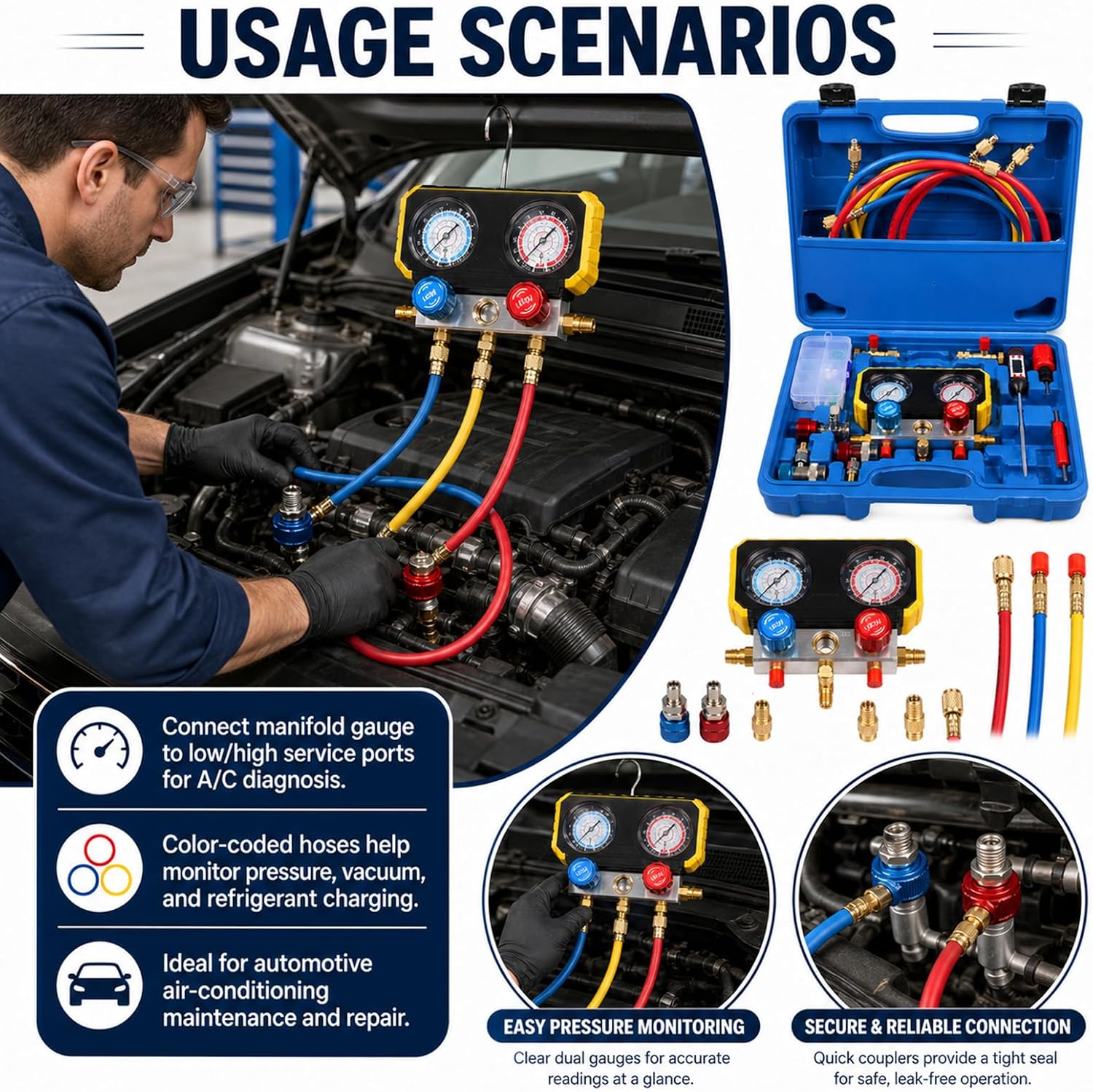 Car Communication Meter Set Four Way Manifold Instrument Cluster Adjustable Connector Used Automotive Refrigerants