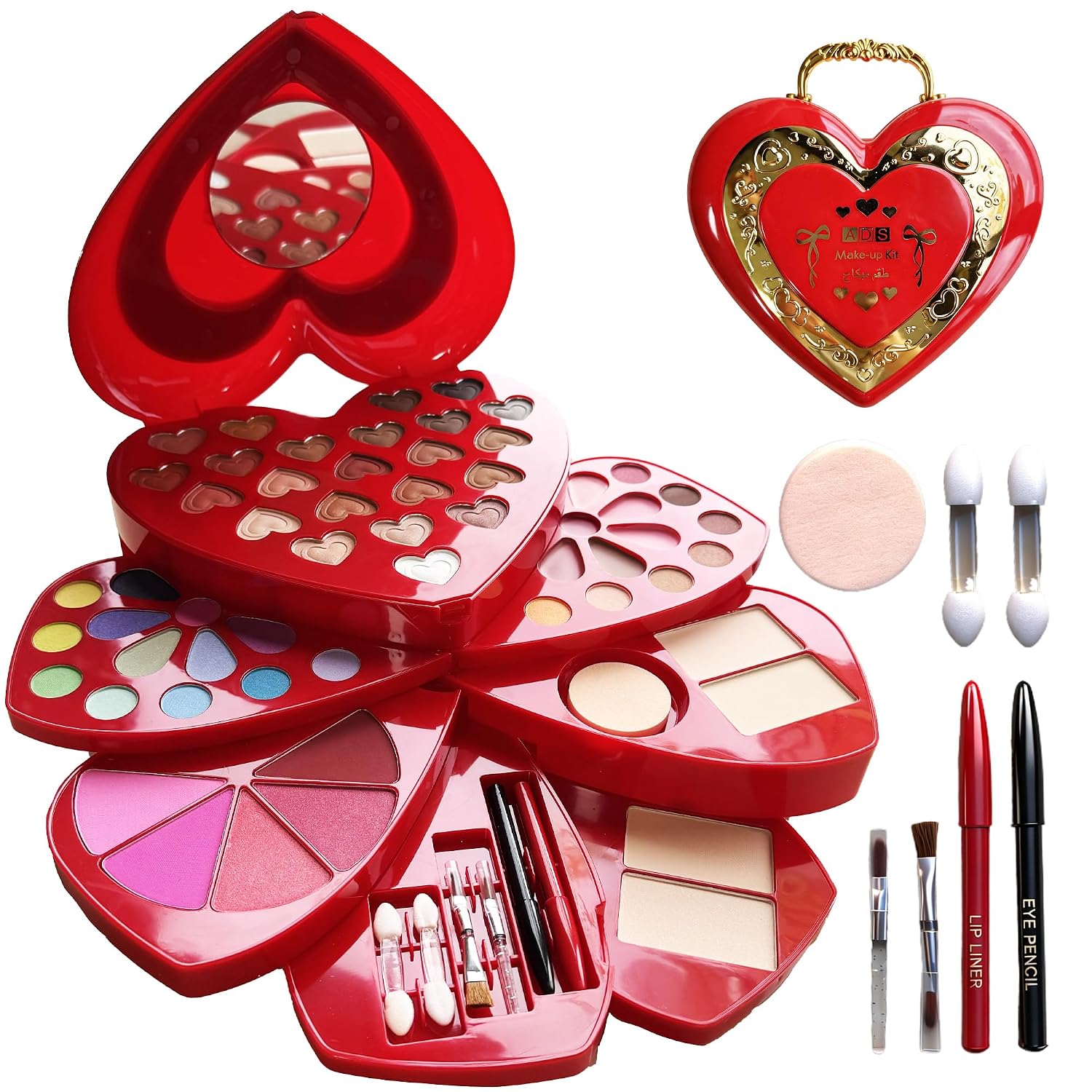 Heart Shape Makeup Kit - 60 Colors All-in-One Full Cosmetic Set with Neutral Matte Shimmer Eyeshadow, Lipstick, Blush, Powder, Eyeliner, Brushes & Mirror - Make up Complete Gift for Women Teens