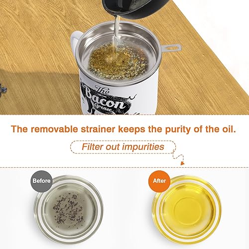 Miniatura 3 de Recipiente de grasa de tocino con colador, recipiente grande de grasa de esmalte de 46 onzas, con espátula de silicona, contenedor de grasa de