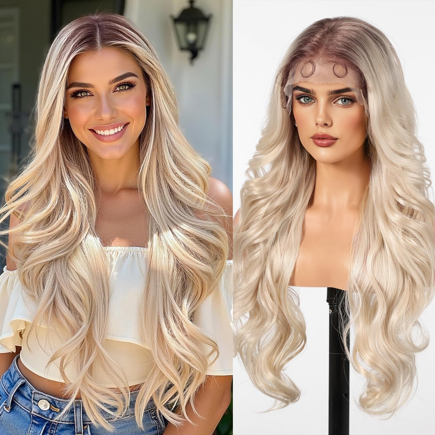 testar 13×6 Lace Front Wig Long Blonde Wavy Wigs for White Women Middle Part Body Wave Synthetic Heat Resistant Fiber Wig for Daily Use 26 IN