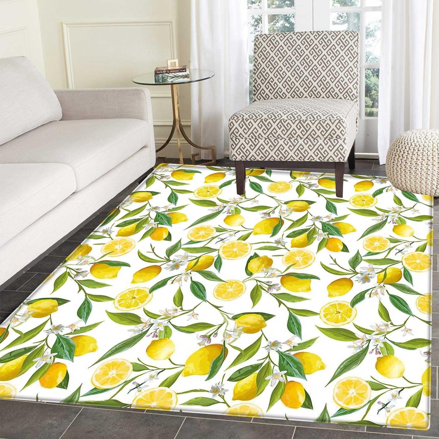 Nature Area Silky Smooth Mats Exotic Lemon Tree Branches Yummy Delicious Kitchen Gardening Design Home Decor Area Mat 4'x5' Fern Green Yellow White