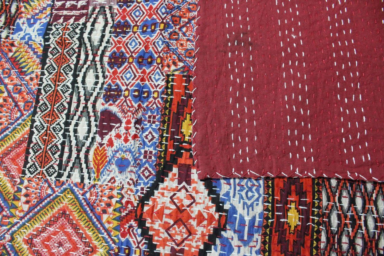 Mango Gifts Pure Cotton Kantha Twin Size Quilt Floral Bedspread, Indian Gudri Bed Cover 60" X 90" Inches Approx