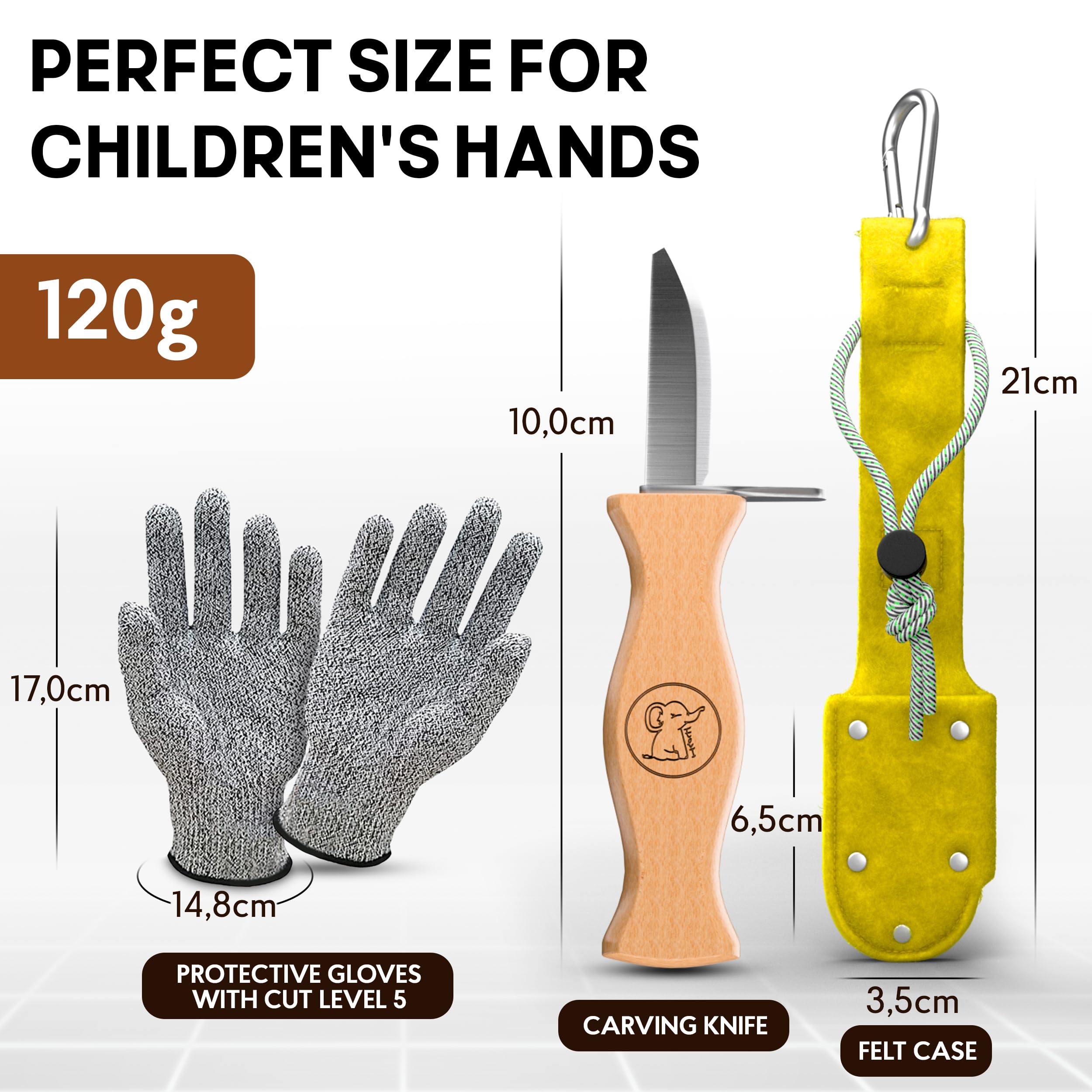 Eli® Cuchillo de Tallado para Niños con Funda de Fieltro desde 6 Años – Cuchillo Infantil Set de Tallado incl. Guantes Resistentes a Cortes – Cuchillo de Talla para Niños – Herramienta de Tallado