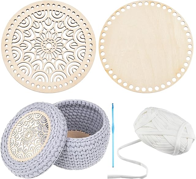 PandaHall Crochet Basket Bottom Kit, 2pcs 7.8" Round Natural Wood Knitting Base Blank Hollow Carved 1pc 4mm Aluminum Crochet Hook 1 Roll 40 Yard 9mm White Cloth Yarn for DIY Craft, 6/8.5mm Hole