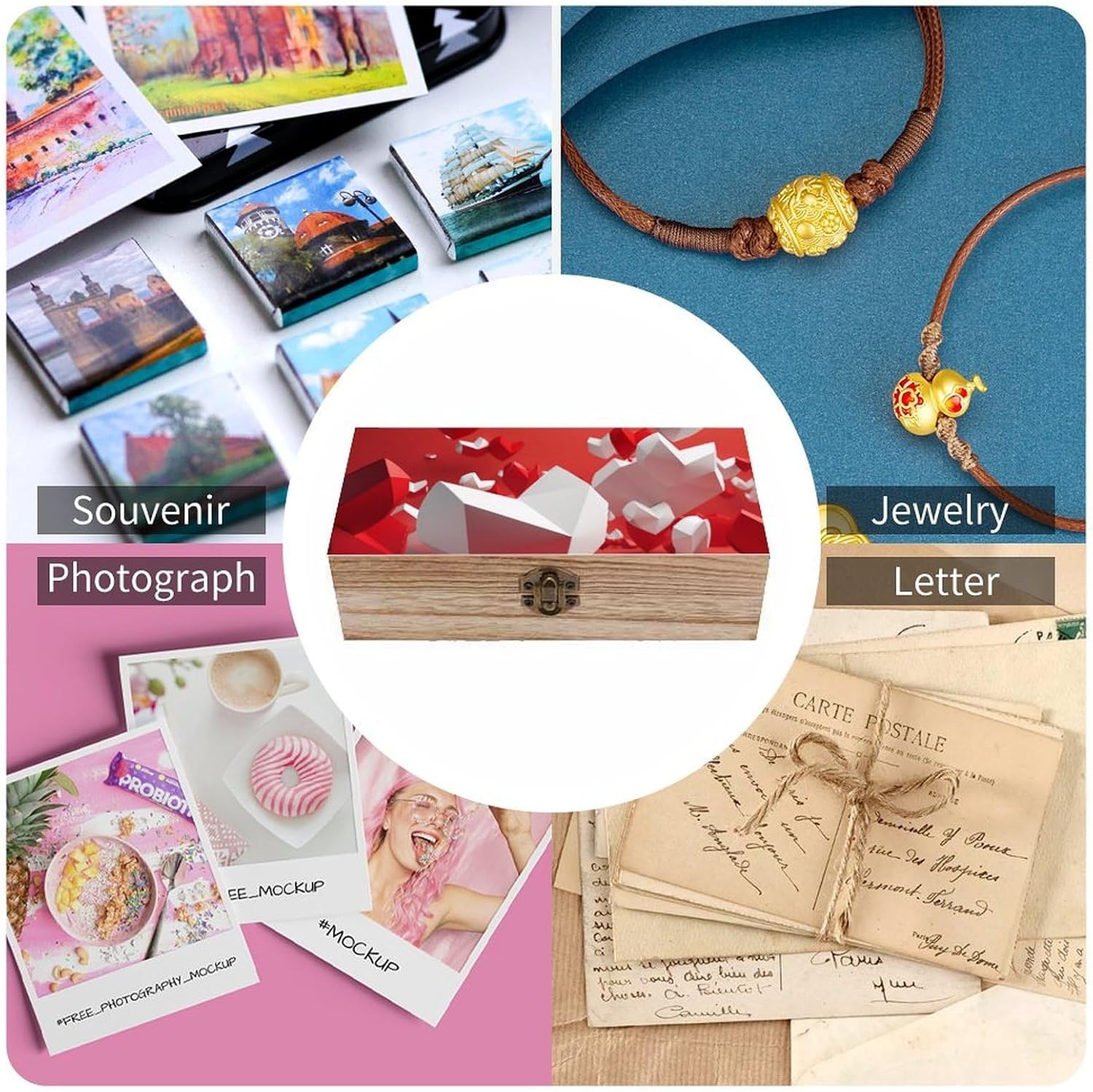 Floating Heart Memory Jewelry Wooden Box, Large Wooden Treasure Chest Boxes with Hinged Lid, Photos Storage Case for Women Men, Wooden Keepsake Box, 7.9'' X 3.9'' X2.3''