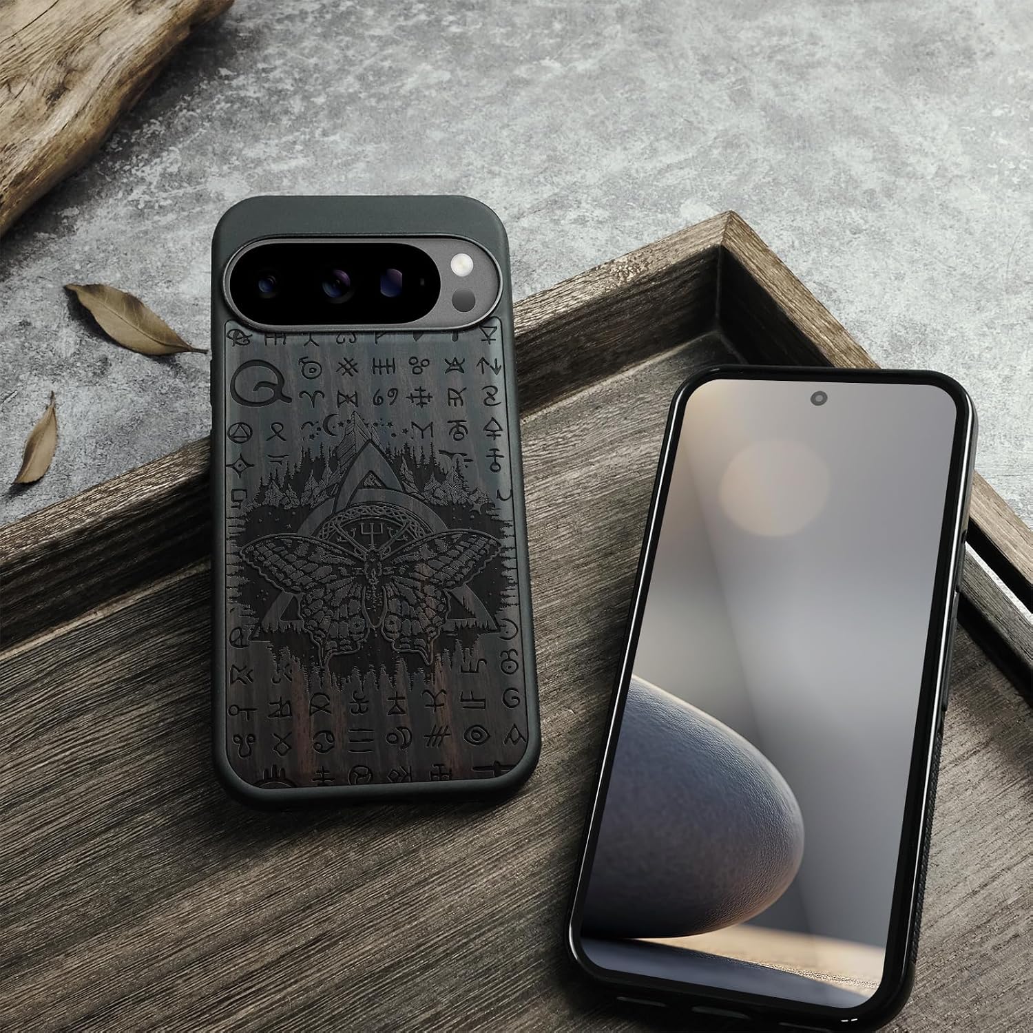 Carveit Magnetic Wooden Case for Google Pixel 10 Pro XL Case, Wood Artisan Engraved & Soft TPU Shockproof Cover, Compatible with MagSafe Wireless Chargers (Celtic Butterfly) Blackwood