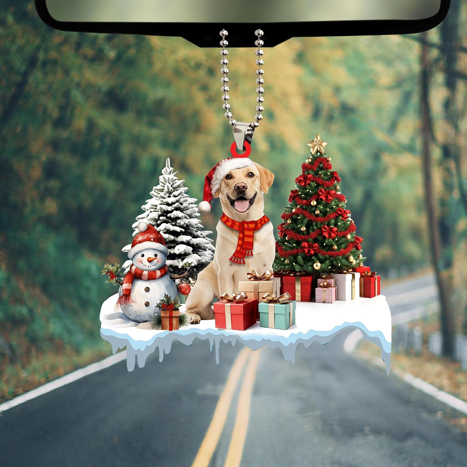 Talataca Yellow Labrador Retriever with Christmas Pine Tree Snowman 2D Flat Car Rear View Mirror Accessories Christmas Tree Ornament Decoration Hanging Charm Interior Rearview Pendant Decor Gift image 5
