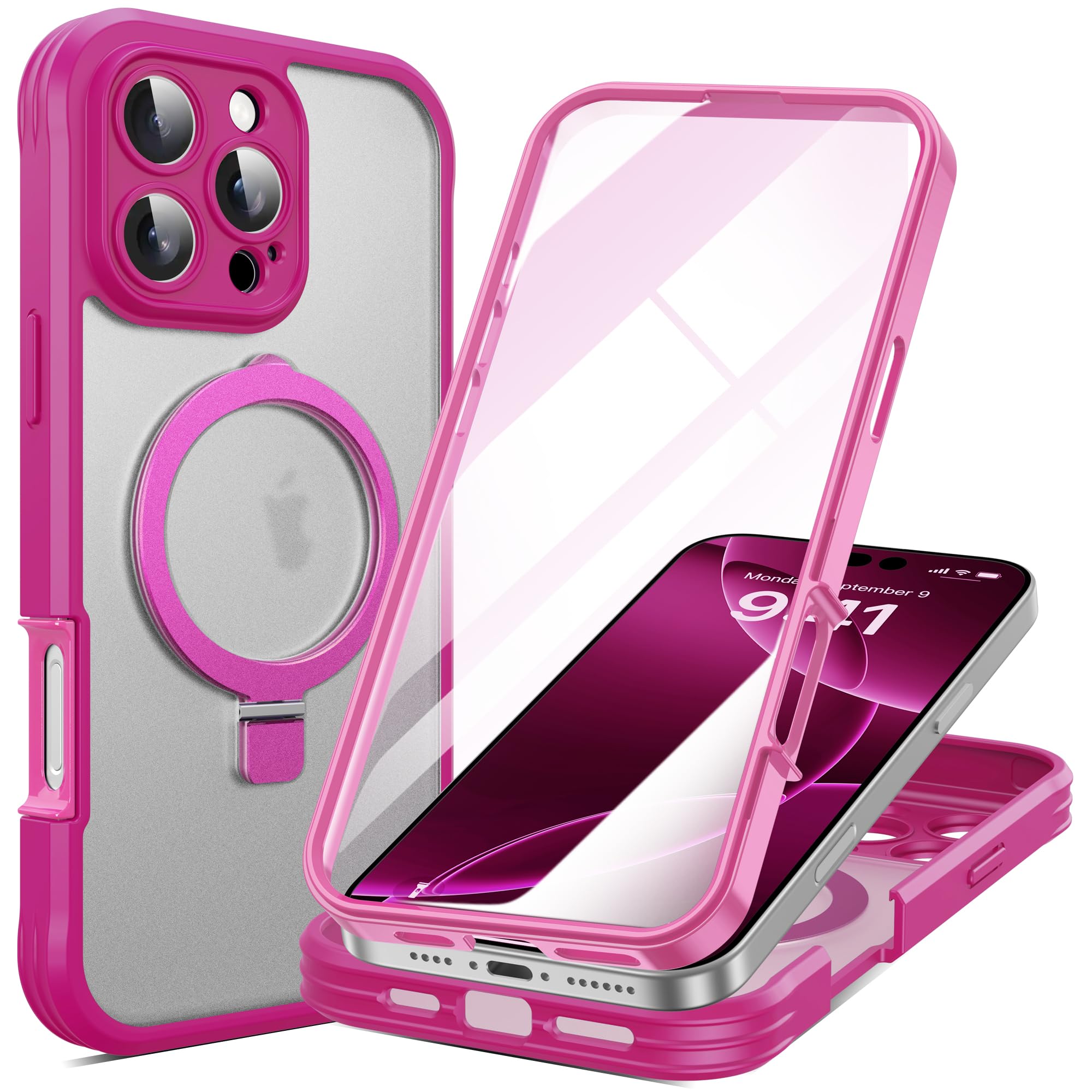 RIASOLIN for iPhone 16 Pro Case with Invisible Magnetic Stand, Compatible with Mag-Safe Translucent Matte with Built-in Screen Protector, Shockproof
