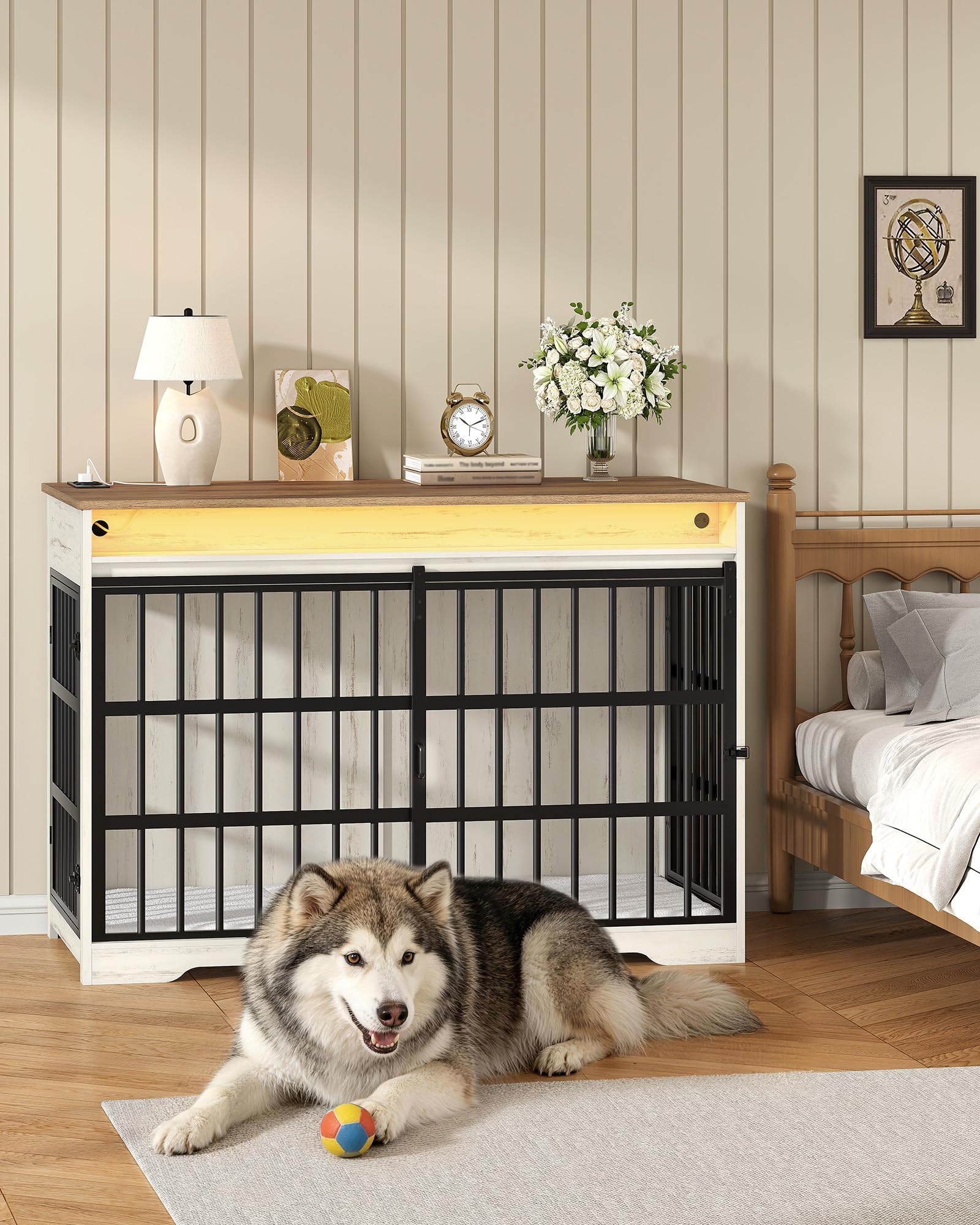 Hzuaneri Jaula Mueble Perro con Luces RGB & Regleta, 119 cm Caseta Interior de Madera Puerta Corredera para Perros Medianos Grandes, Jaula para Perros XXL, 119 × 70 × 99 cm, Blanco Marrón DFC90914BEU | Caja para perros para perros medianos y grandes, XXL