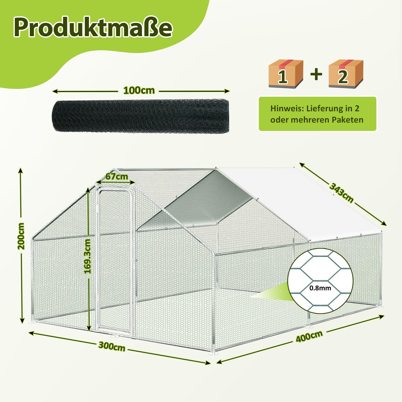 Recinzione per gatti per esterni, 3 x 4 x 2 m, in acciaio zincato, ombra rivestita in PVC, per pollame, conigli, cani
