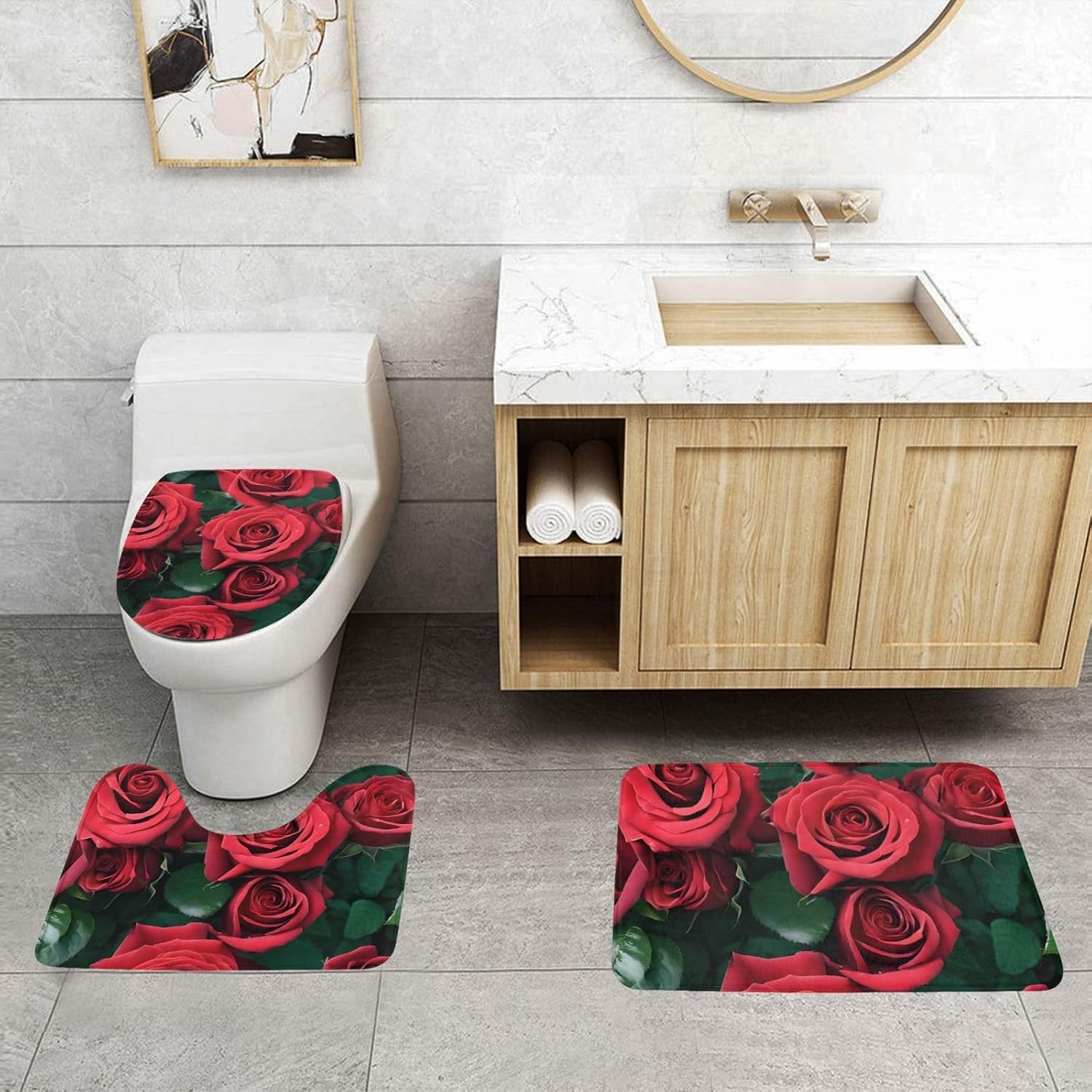 (Red Rose) 3 Piece Bathroom Rug Set Non-Slip Absorbent Bath Mats with U-Shaped Contour Mat Lid Cover for Bathroom Floor