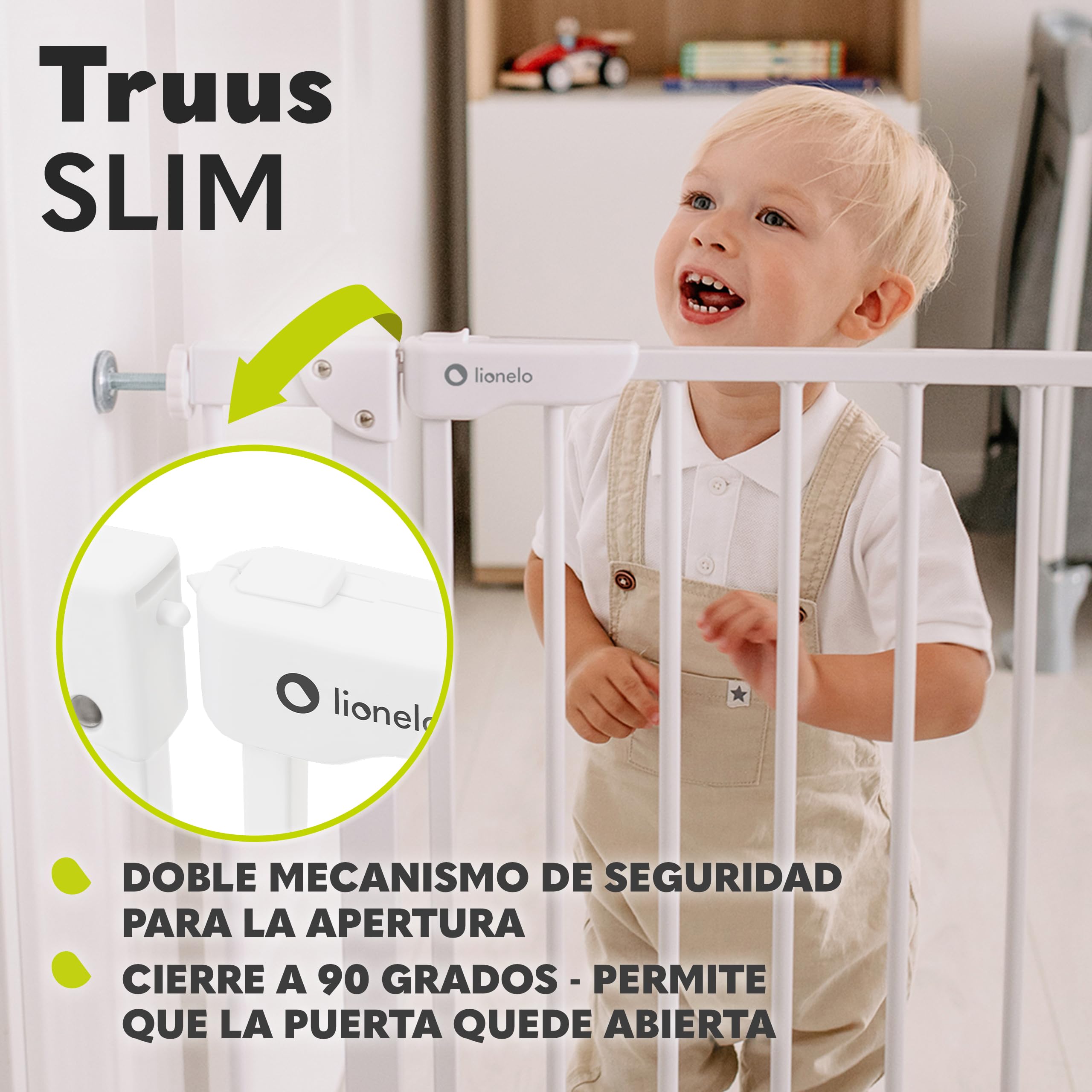 LIONELO Truus Slim - Rejilla de protección para escaleras, sin taladrar, Rejilla Protectora para Puerta, Rejilla para Puerta para bebé, Metal, Ancho de 75 a 105 cm, Ajustable